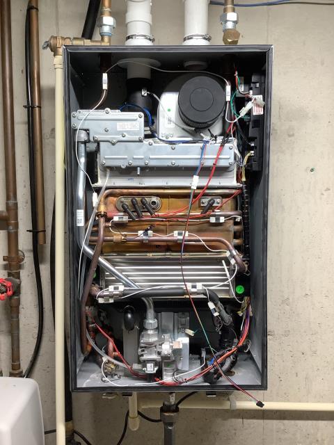 Install 50 gallon natural gas power vent water heater. Also install mixing valve on water heater. Install 32,000 grain Water softener. 