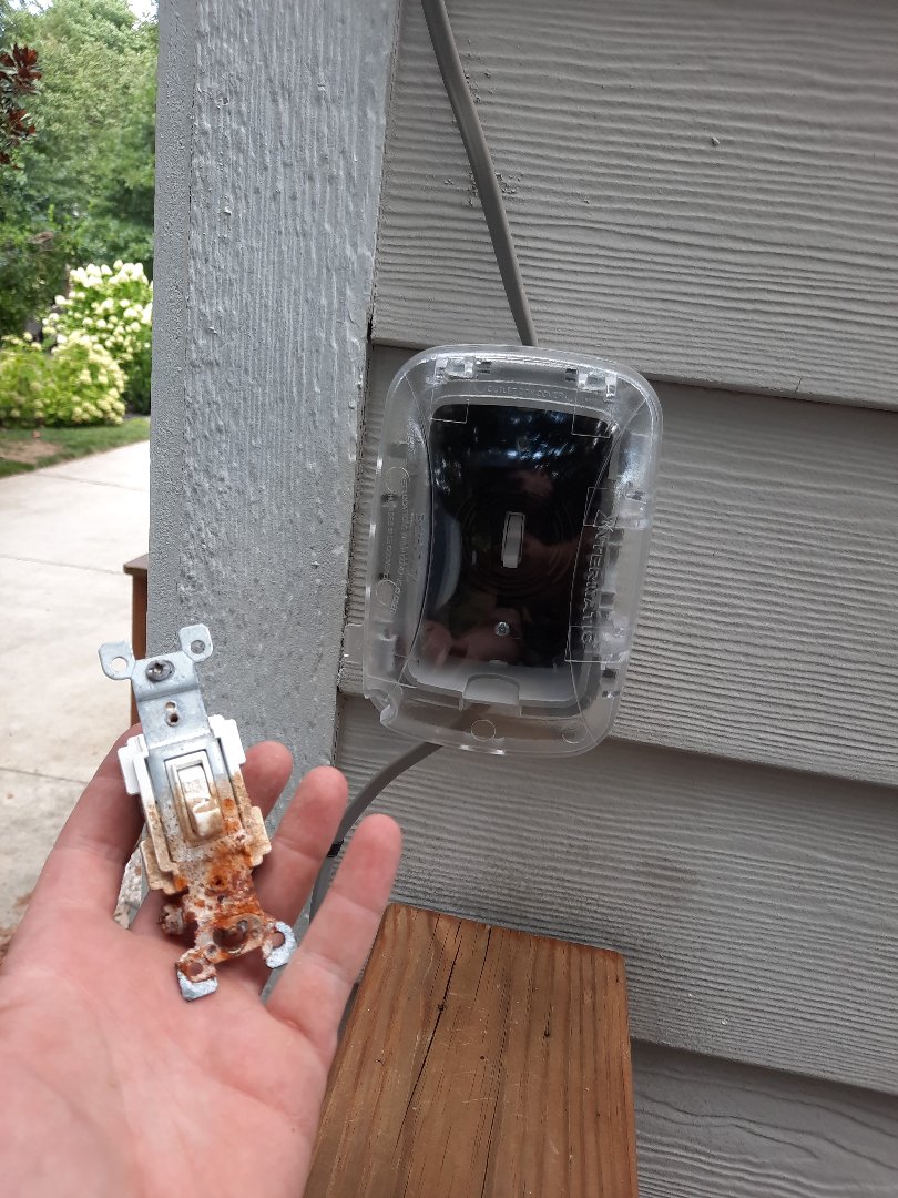 Replaced switch ruined by inadequate weather protection with new switch and weather tight bubble cover.
Towson, MD
