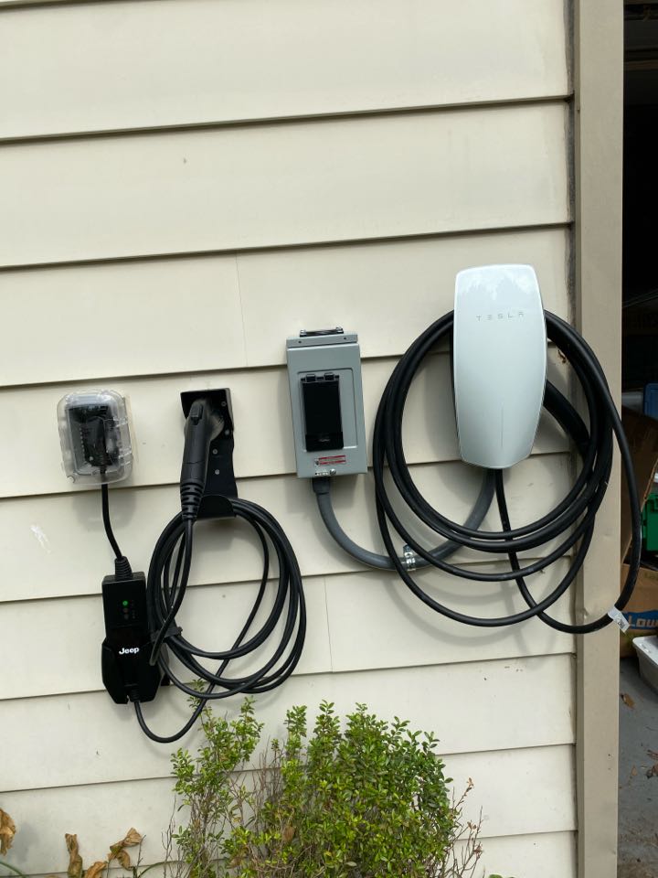 Ran 60A dedicated circuit and installed car changer. Installed outdoor outlet from existing circuit in Millersville, MD