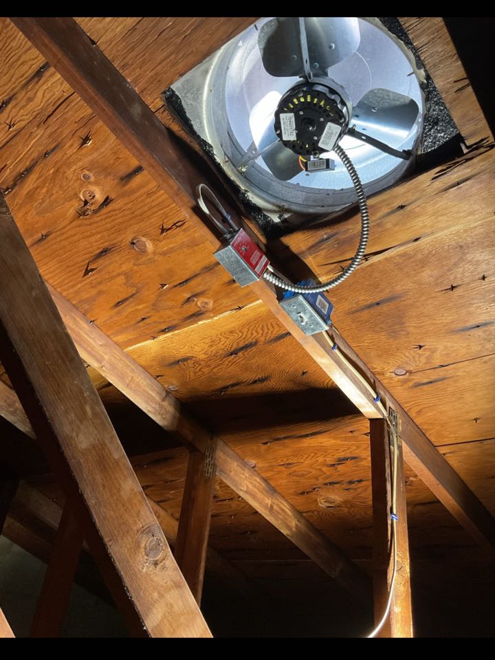 Installed new attic fan motor and thermostat with switch and front porch light in Columbia, MD. 