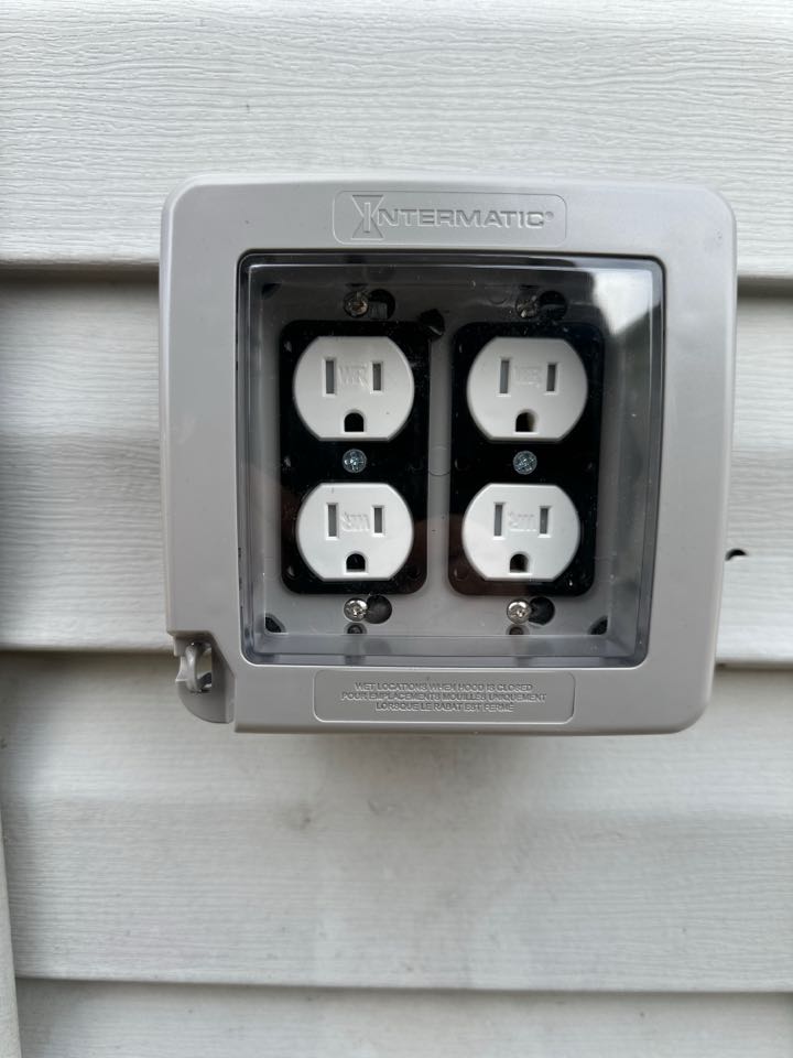 Installed multiple outdoor rated receptacles with in-use covers and replaced service cable in Glen Burnie, MD.