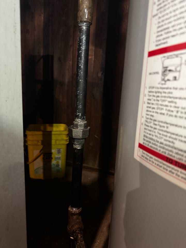 Gas leak from a crooked union on a galvanized pipe. Gas leak from a crooked union on a galvanized pipe.