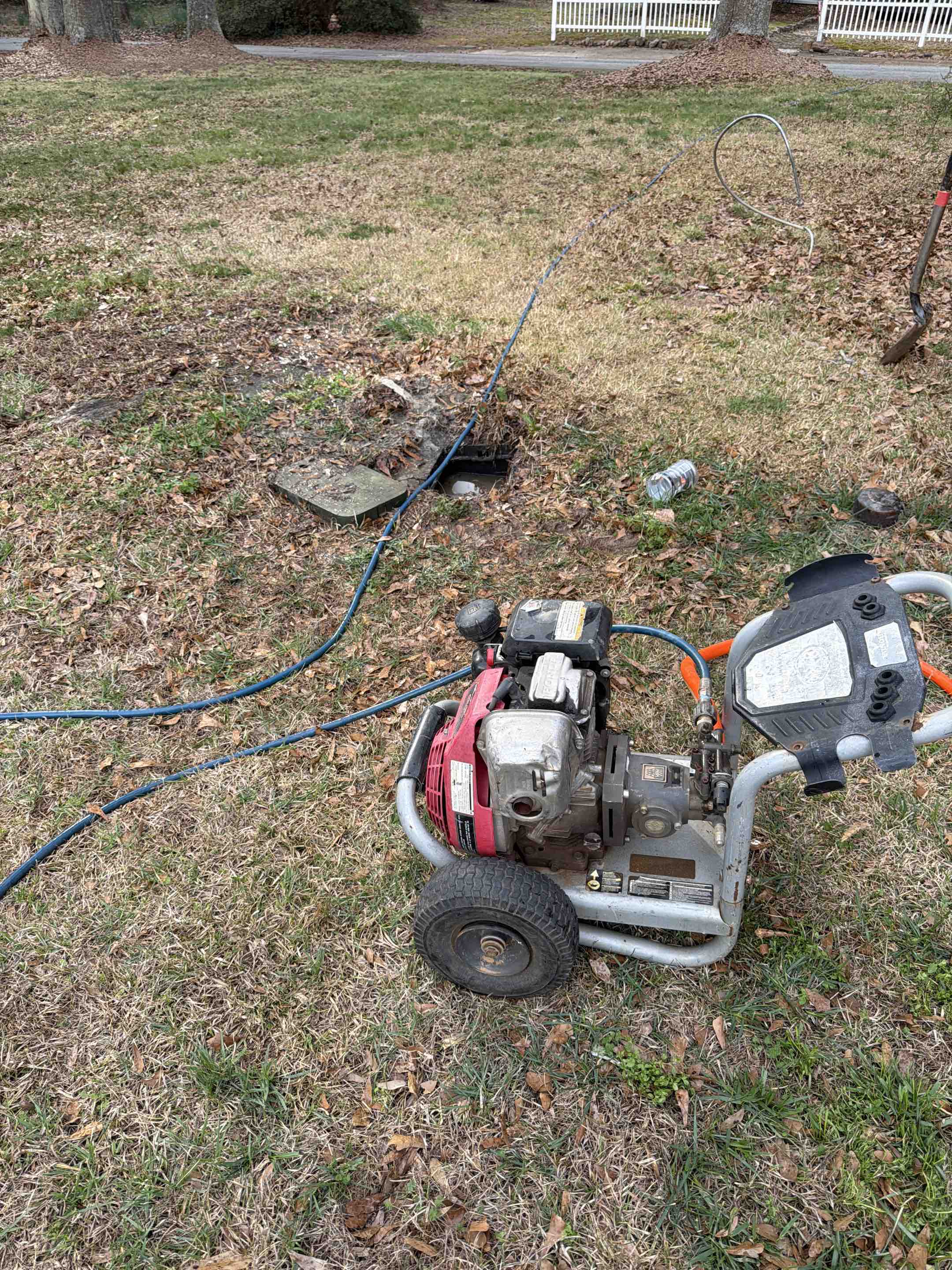 Bowdon, GA - Hydrojetting main sewer line to free blockage. Bowdon, GA - Hydrojetting main sewer line to free blockage.