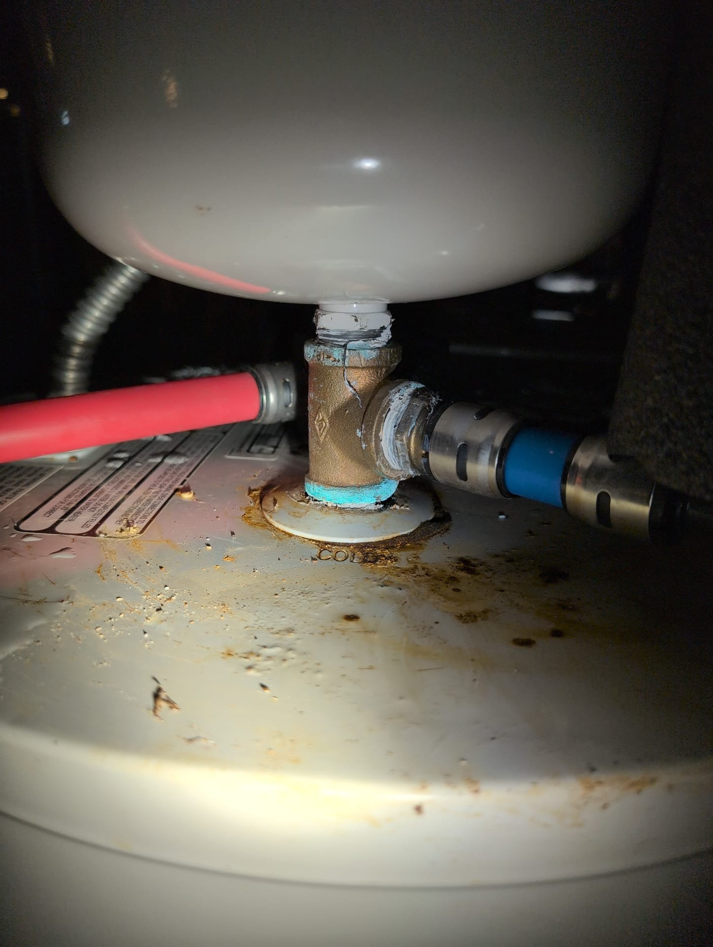 I am a skilled professional that works for a Dor-Mar Heating & Air Conditioning company. I was called out to a client's home to inspect a water heater that was leaking. Upon inspection, I noticed that the cold intake nipple had corroded and broken off. I replaced the nipple with a new one and a new brass tee and expansion tank. I waited a little longer to inspect it to ensure we did not have any water come up and leak. I turned the water heaters back on before I left. The client will have hot water within the hour. We are good to go.