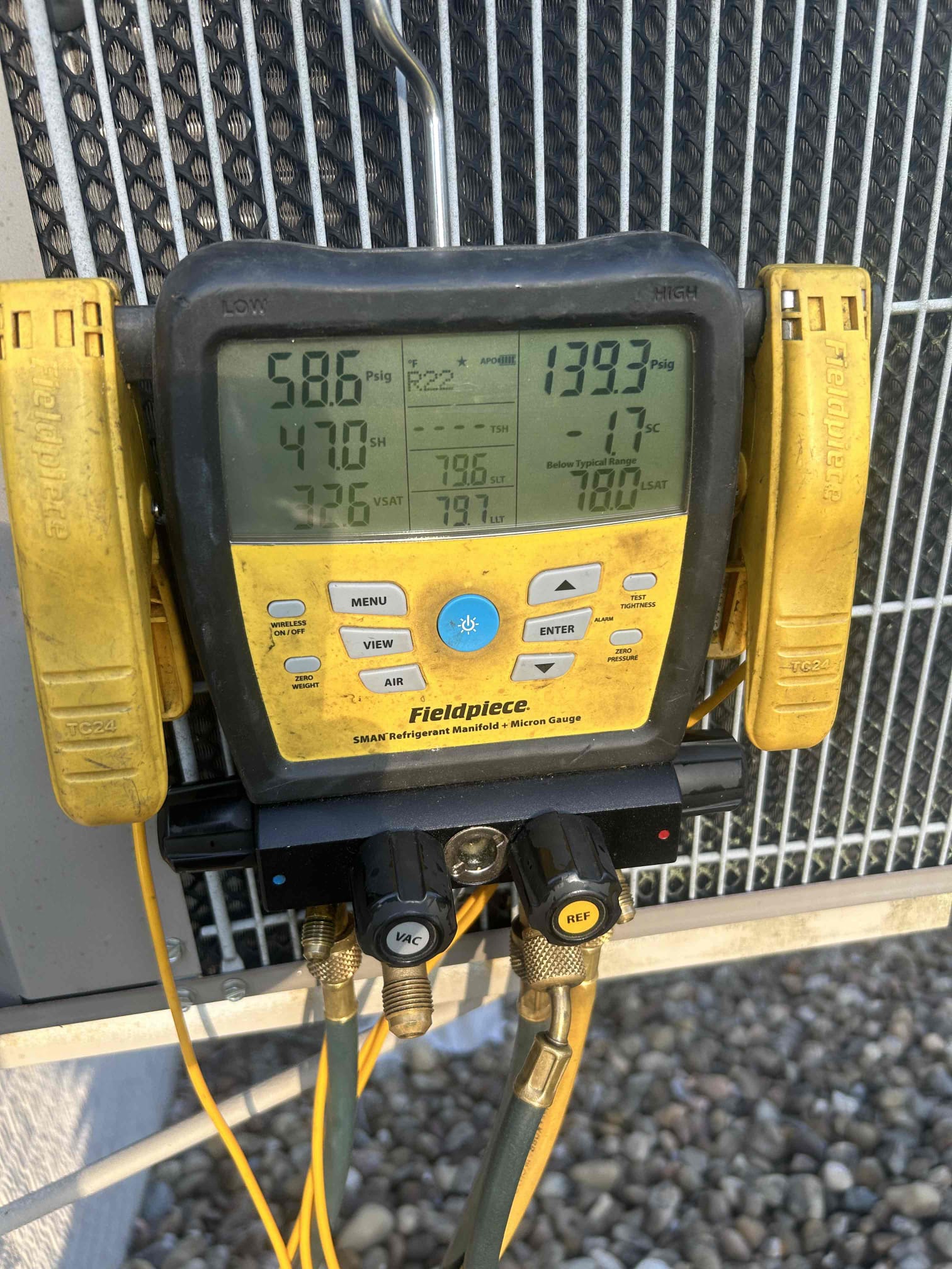 I was called to a home to repair a leak in an R22 unit. The homeowner insisted that the unit be filled, but there was no R22 on the install van. I sent Preston, my technician, back to the home to fill up the unit with the correct refrigerant.