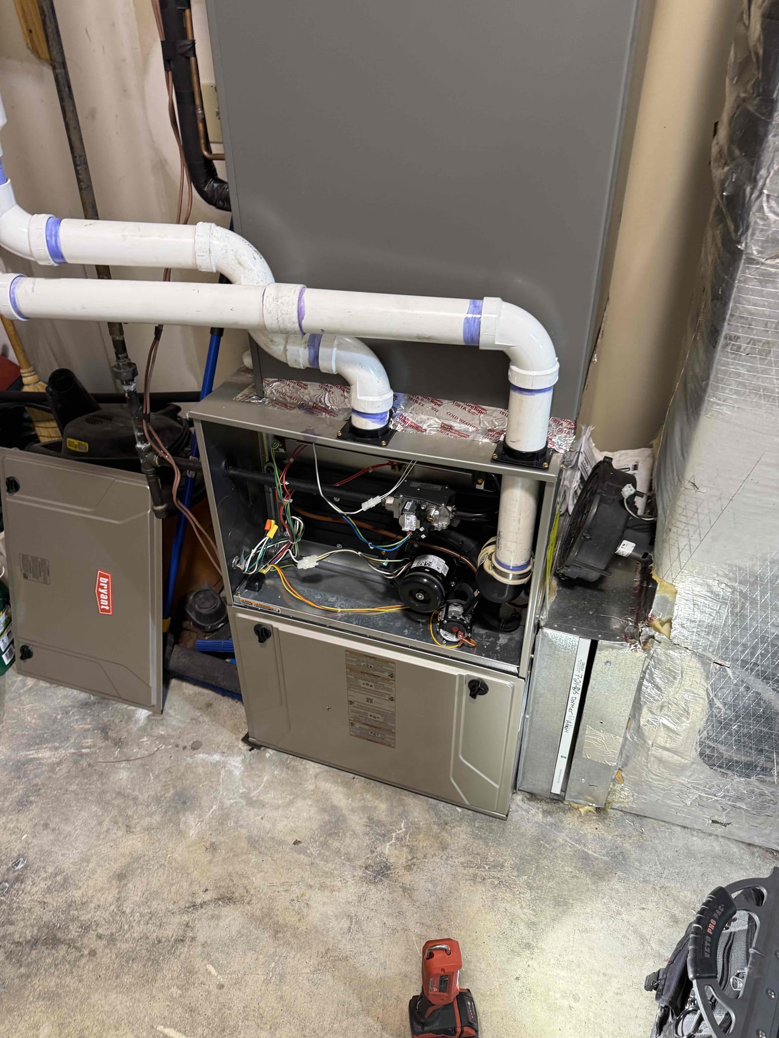 I was called to a home to inspect and repair a furnace. Upon arrival, I noticed that both furnaces had a birds nest in the vent pipes. I cleaned the vent pipes and got the systems running. I made a note to cover the vent pipes for the furnaces when we come out here this spring.