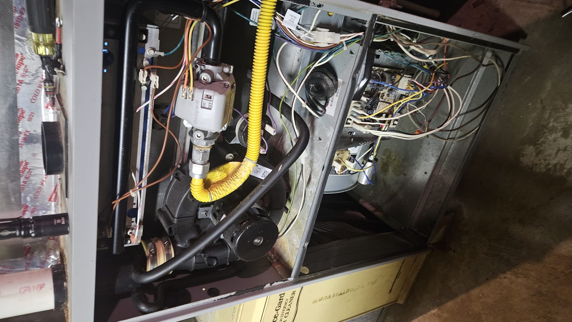 I was called to a home to fix a furnace that was not working. Upon arrival, I found that the thermostat batteries were dead. I replaced the batteries and cleaned the flame sensor. The furnace started up and heating works. I did not find any other issues.