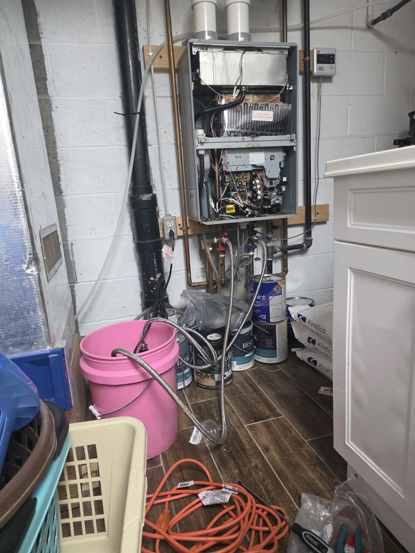 I completed a plumbing maintenance job for a customer. I found that the customer's water heater needed to be replaced. I called the customer and informed her that she would need to contact Kinetico for replacement parts. I also informed her that I could not work on the Kinetico brand.