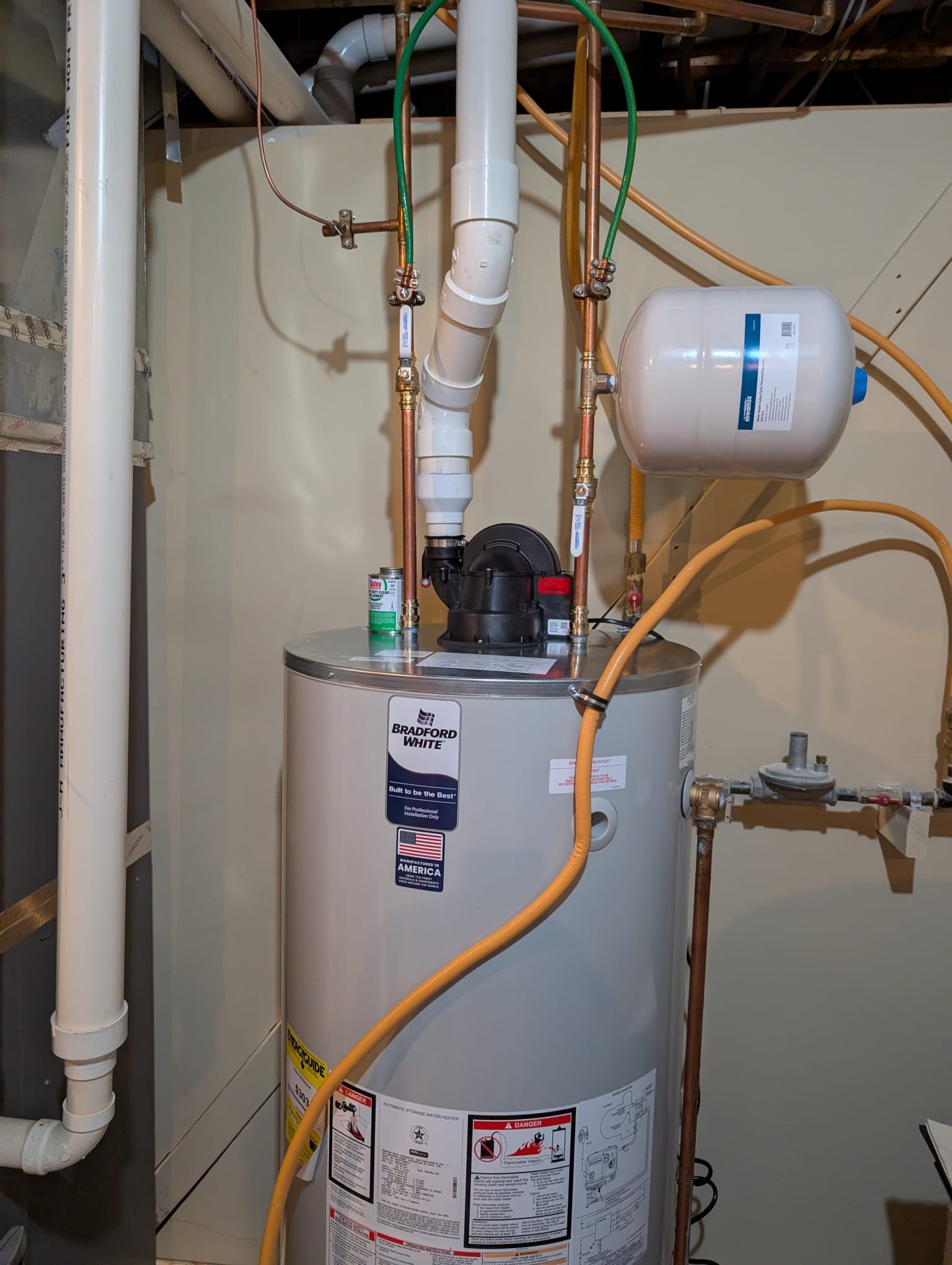 I was called to a home to replace a water heater that was from 2011. The water heater was a 75-gallon NG Power vent. The client had two water heaters, one in the front and one in the back. The one in the front was working fine, so the client did not want to replace it. The water heater needed a pan and repiping of the water lines, which were copper.