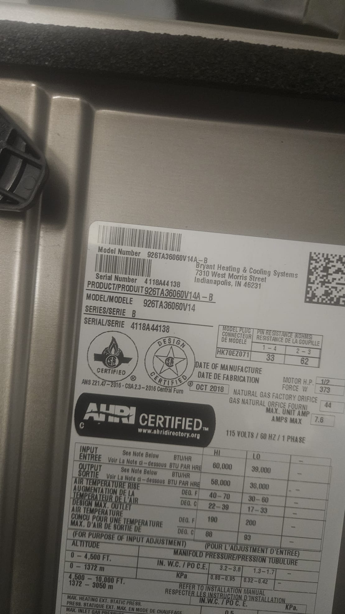 The furnace is working great. The customer would like to replace the 2-piece flue pipe with a single pipe passing through the cabinet. The customer would also like an estimate to replace the arc fault breakers in the panel.