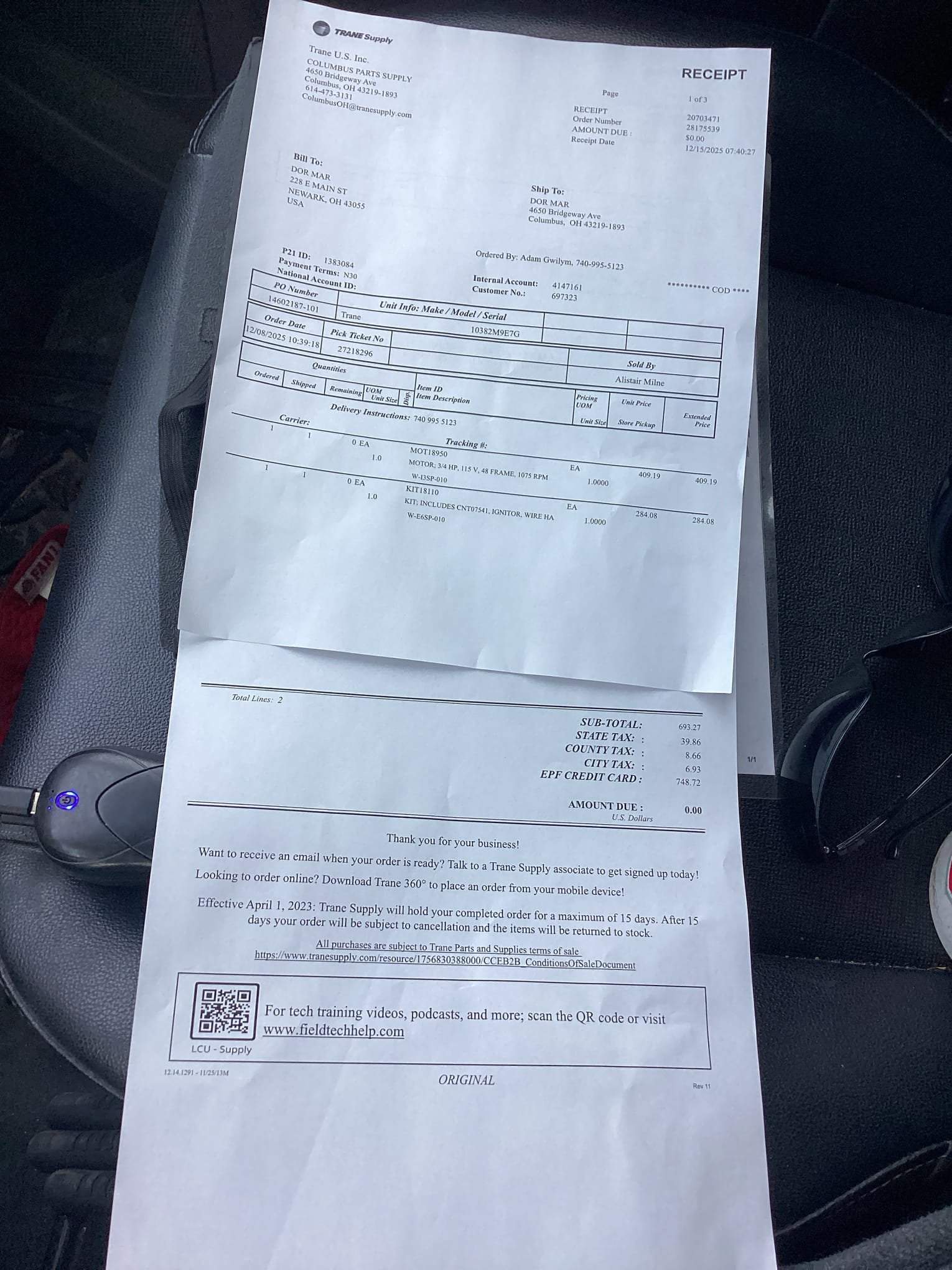 This is an estimate to replace the ignition control board and blower motor in a home. The cost of the job is $1,000.00, and we require half of the cost to be paid upfront. We accept credit cards, but there is an additional 3% processing fee. If you would like to move forward with the estimate, please let me know. Thank you, Adam.