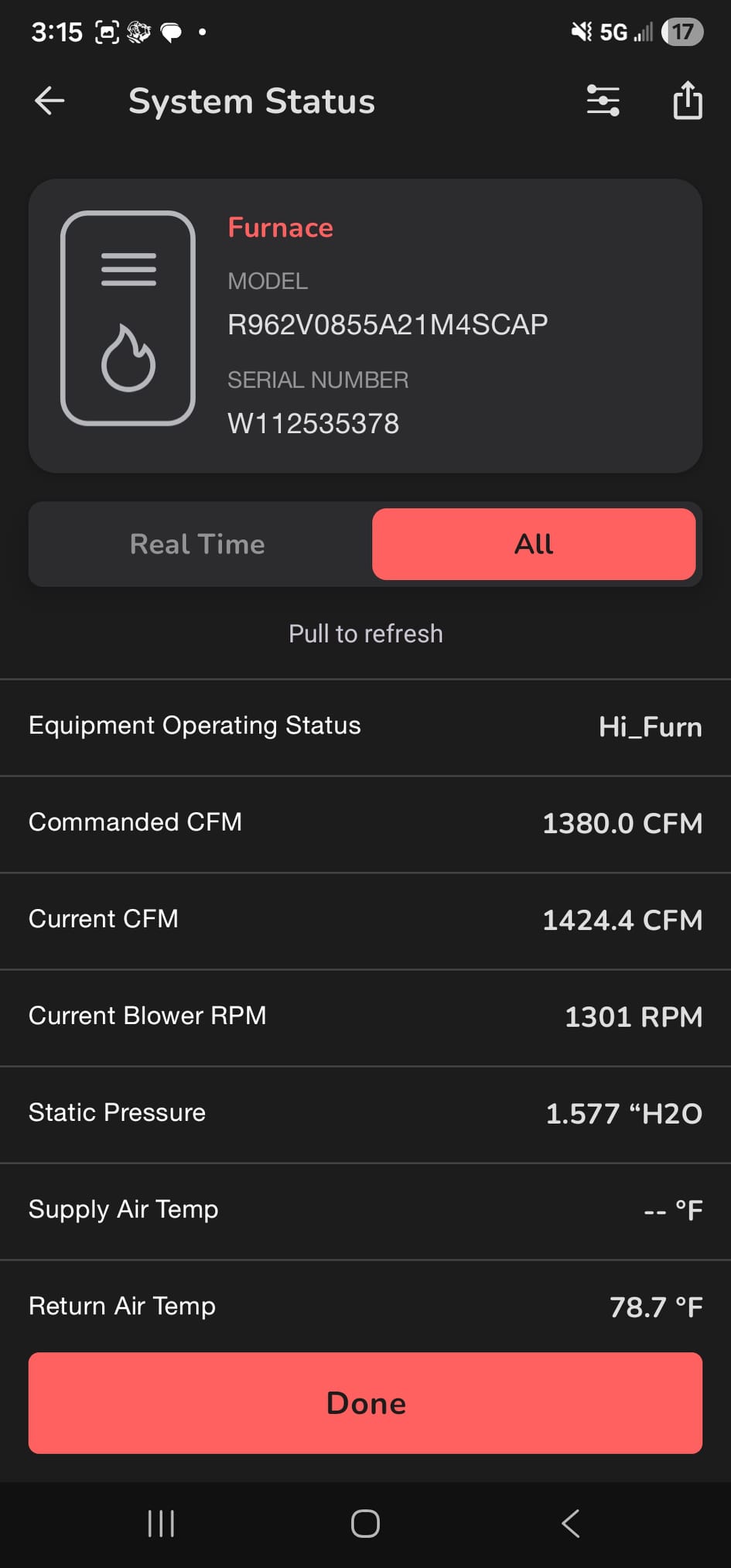 I replaced a dirty air filter with a new one that was rated lower in MERV (Minimum Efficiency Reporting Value). The furnace was running great, and the static pressure and temperature rise were within normal ranges. I also checked the air filter and found that it was very dirty, so I replaced it as well.