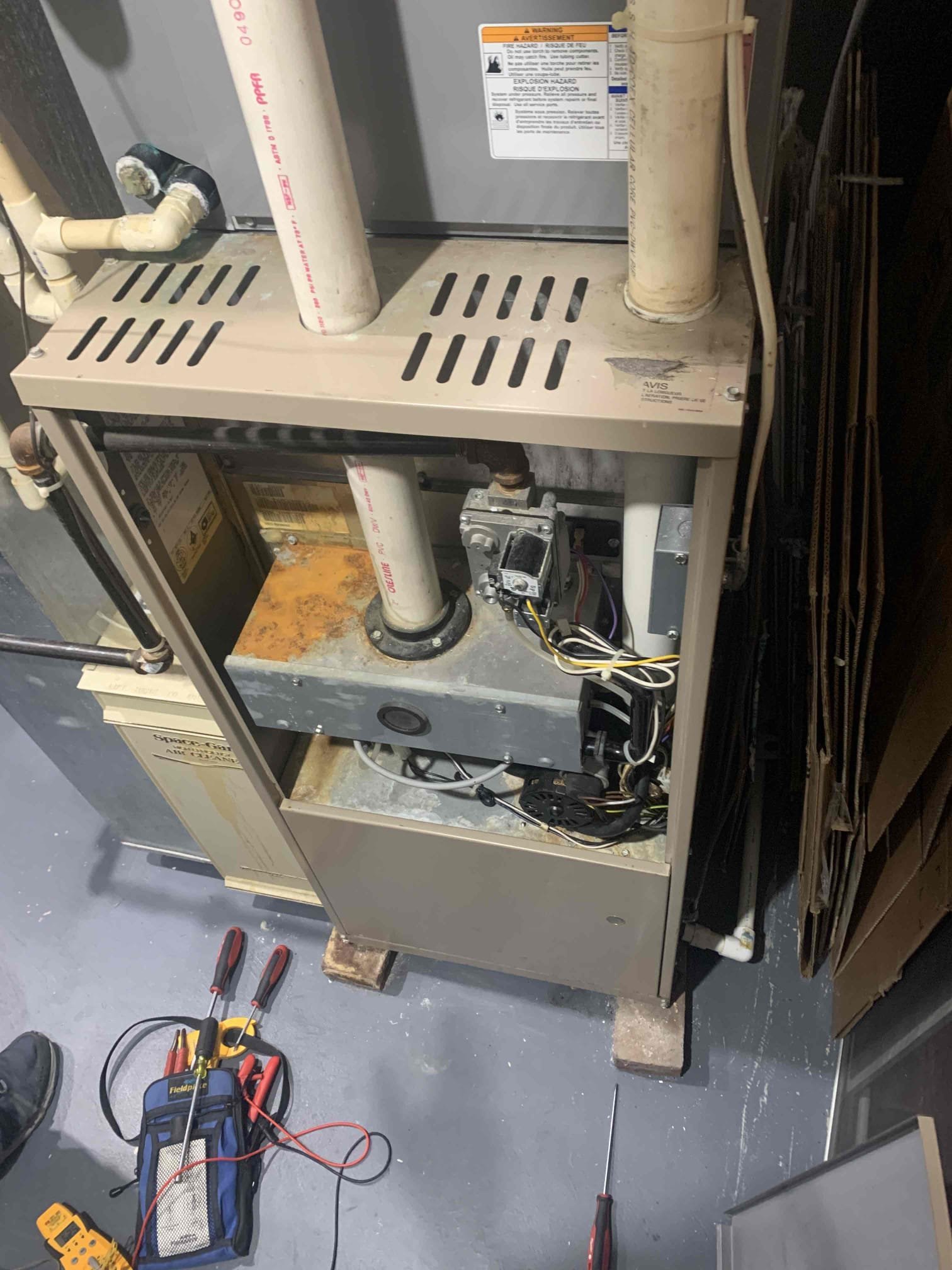 Unit not heating. Checked system and board was throwing 4 blink fault code which is main limit open. System is over heating. Checked for cracked heat exchanger. Read 0ppm on supply air. Checked for dirty filter. Checked supply air and return air temperature. Everything seemed to be working. Basked of age and the fact there were some rust spots near secondary heat exchanger it likely the secondary heat exchanger is clogged causing excessive heat buildup in unit. Will email over estimates for new furnace to Customer 