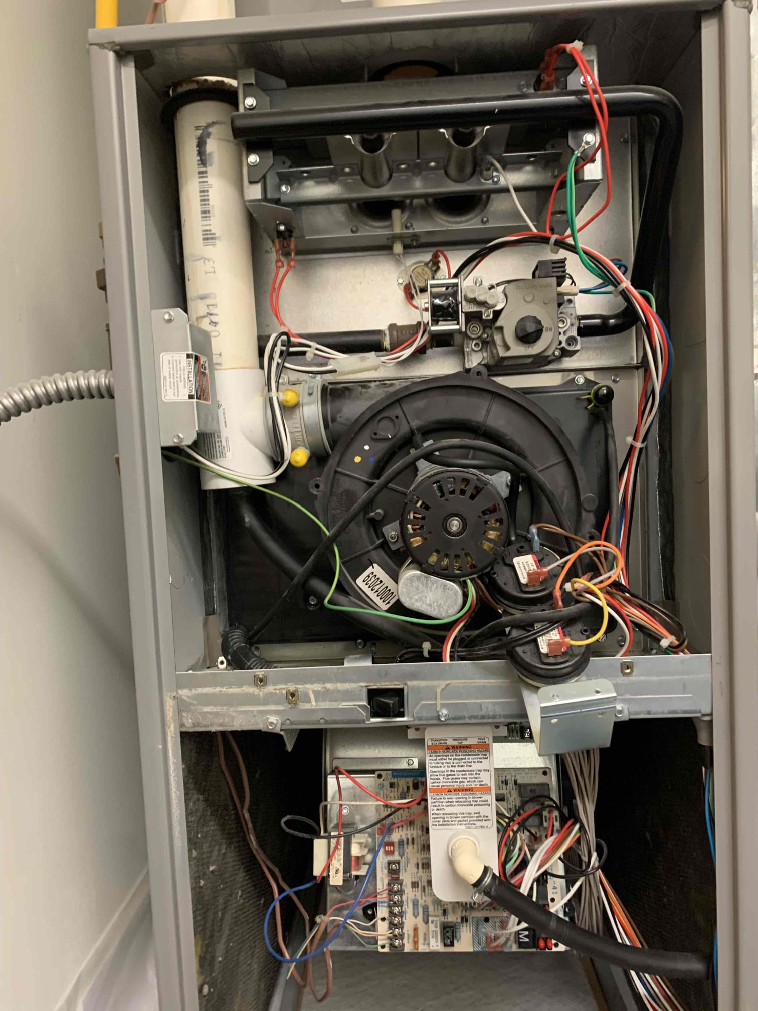 Unit not heating. Found problem to be pressure switches clicking on and off. Pulled flue pipe off inducer motor and pressure switches stayed closed during operation. Flue pipe was clogged. Maintenance man came got on roof and cleaned pipe with dryer vent cleaner. System is up and running 