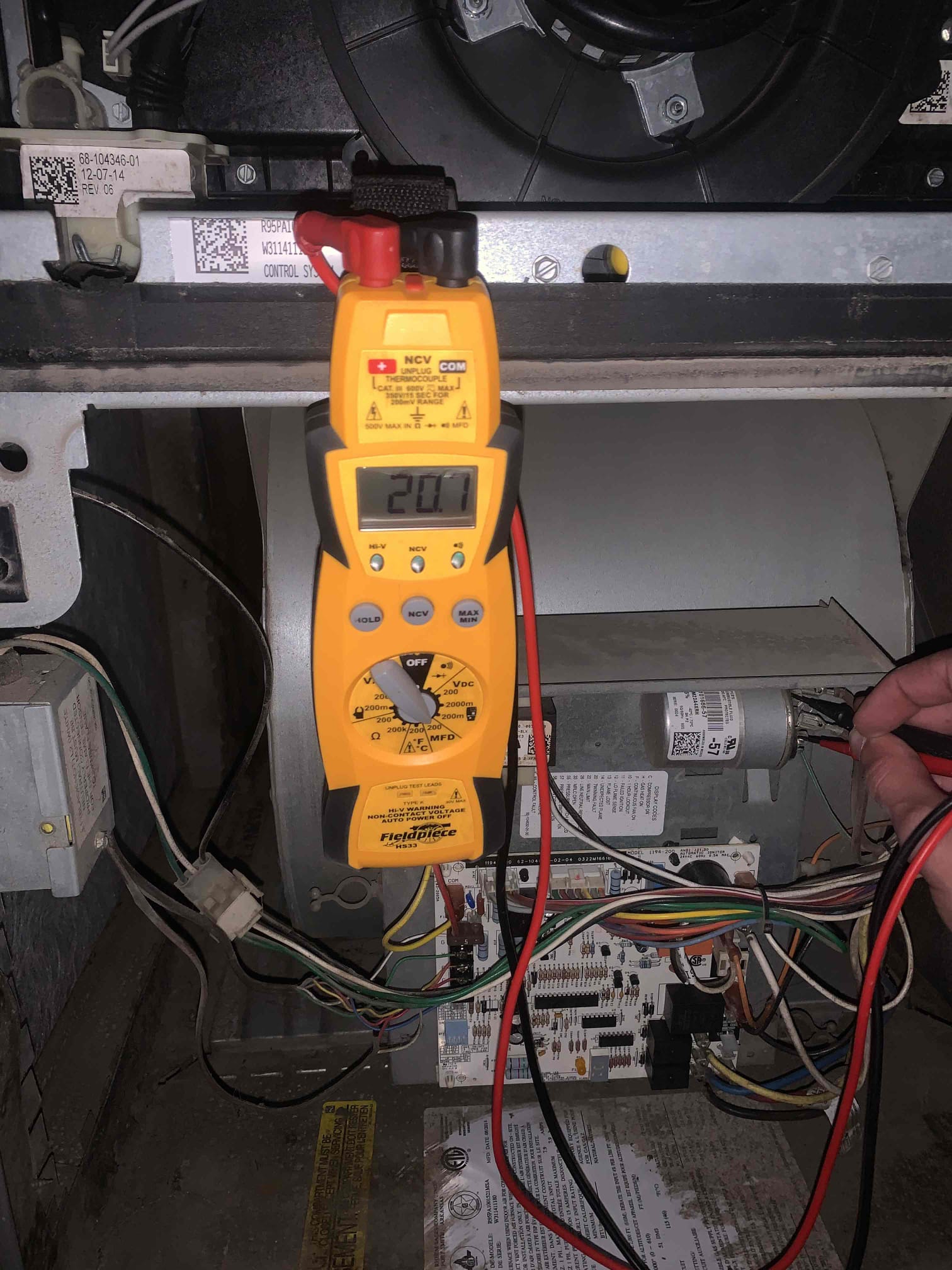 Unit not heating system was throwing main limit code when I arrived. Customer stated he heard unit making buzzing noise. Turned heat on and everything ran besides blower motor. Checked mfd on blower motor capacitor and it read good. Found problem to be bad blower motor. Put in parts order form for new motor