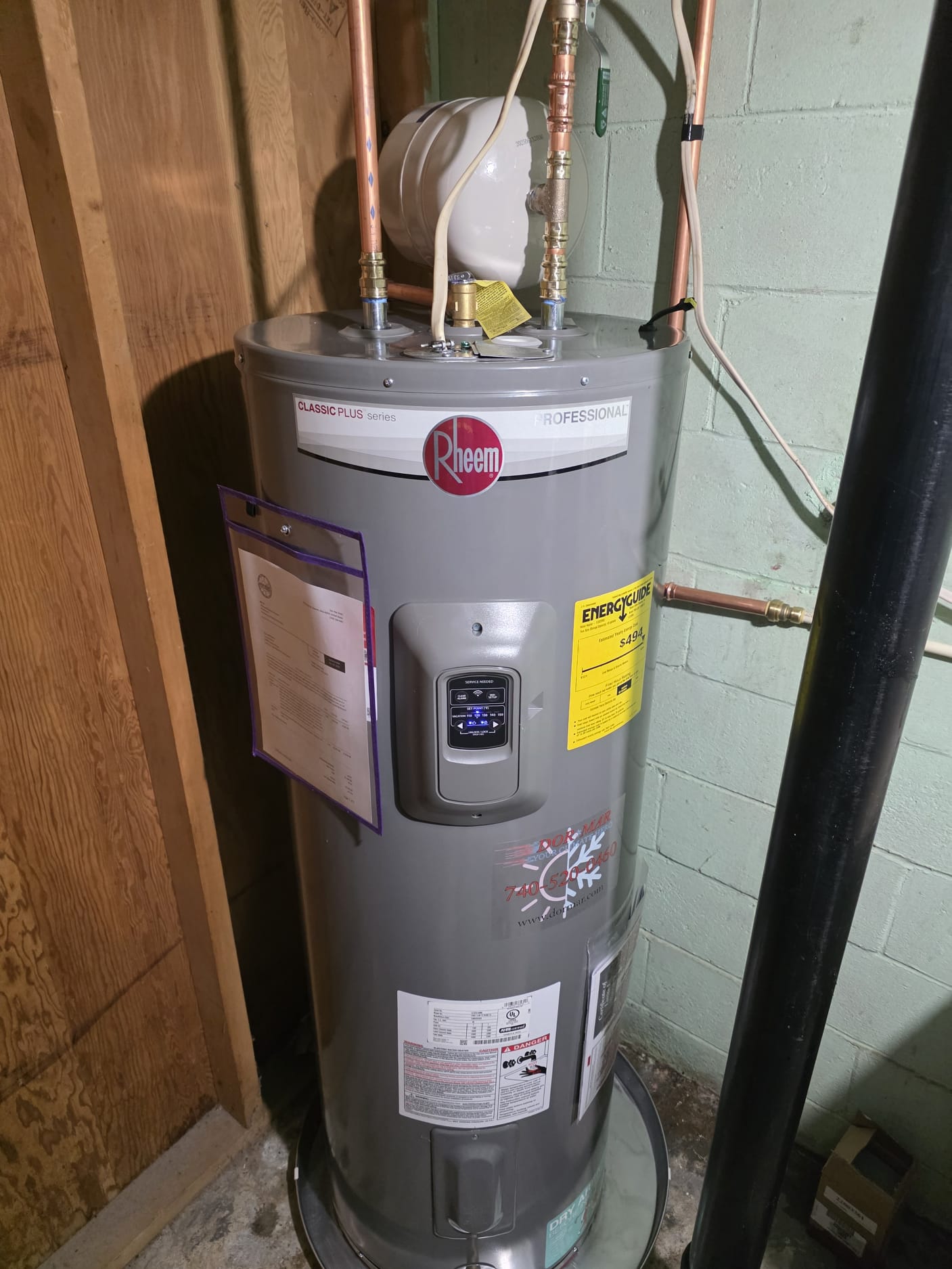 This estimate is to replace fifty gallon electric water heater. New water heater will be set in a pan and an expansion tank will be installed. We will need to rework the pipes in order to install the expansion tank, so we can get the water heater plumbed to code. We will also be installing isolation valves for the water heater. Anything beyond this scope of work will be a change order. Completed water heater install.