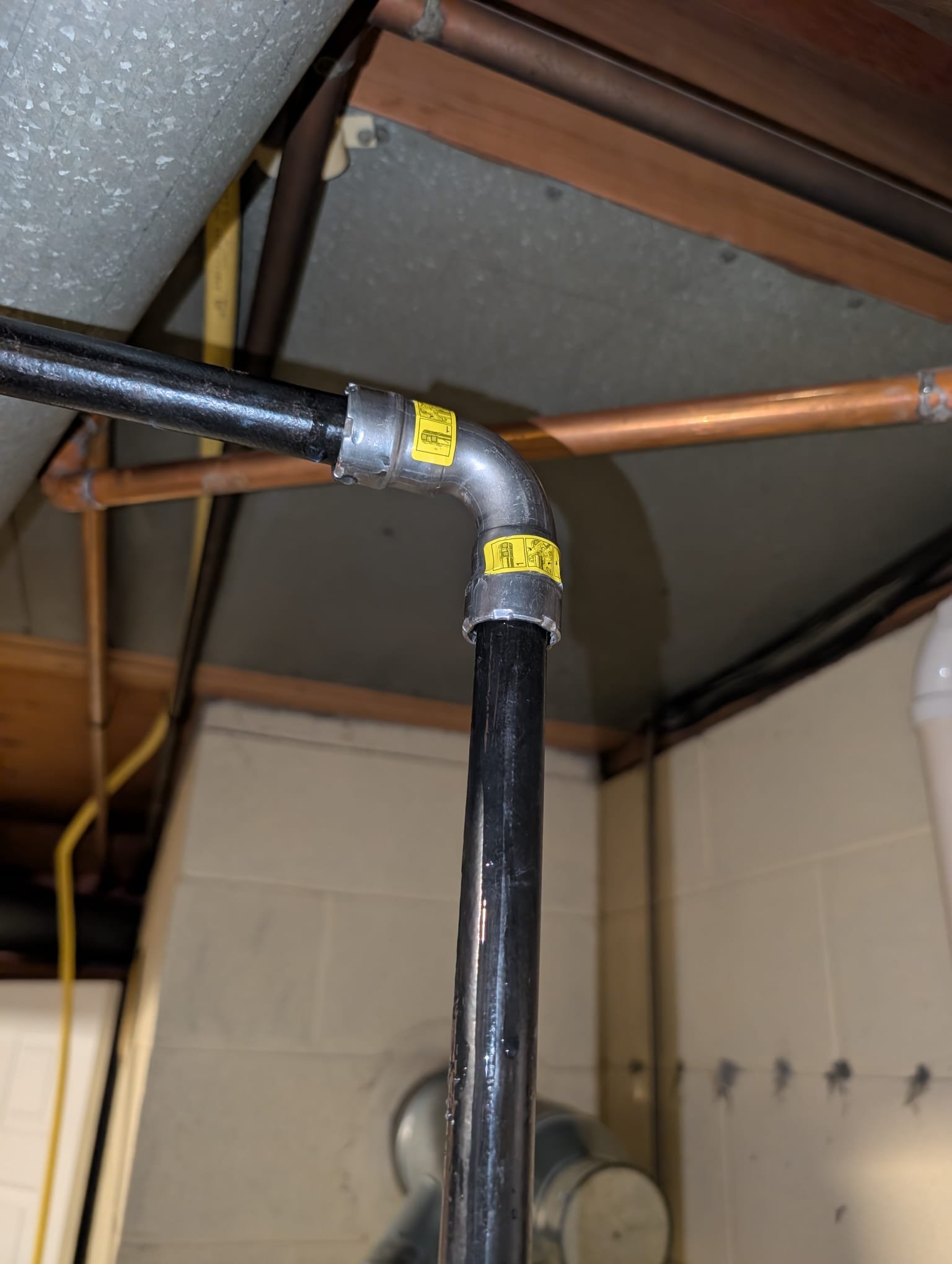 * Client had us out for plumbing inspection today. 
* Client wished for us to just flush the water heater, he didn't want us to inspect anything and the utility room. I noticed the gas line was a mixture of galvanized and black iron. This is highly dangerous. 
* Galvanized is not meant for pressurized gas. It is meant for water and drain line. 
* Client was unaware of this situation. I immediately brought it up to him once I noticed it was galvanized. 
* Client wishes for us to send over an estimate to properly install it with black iron.