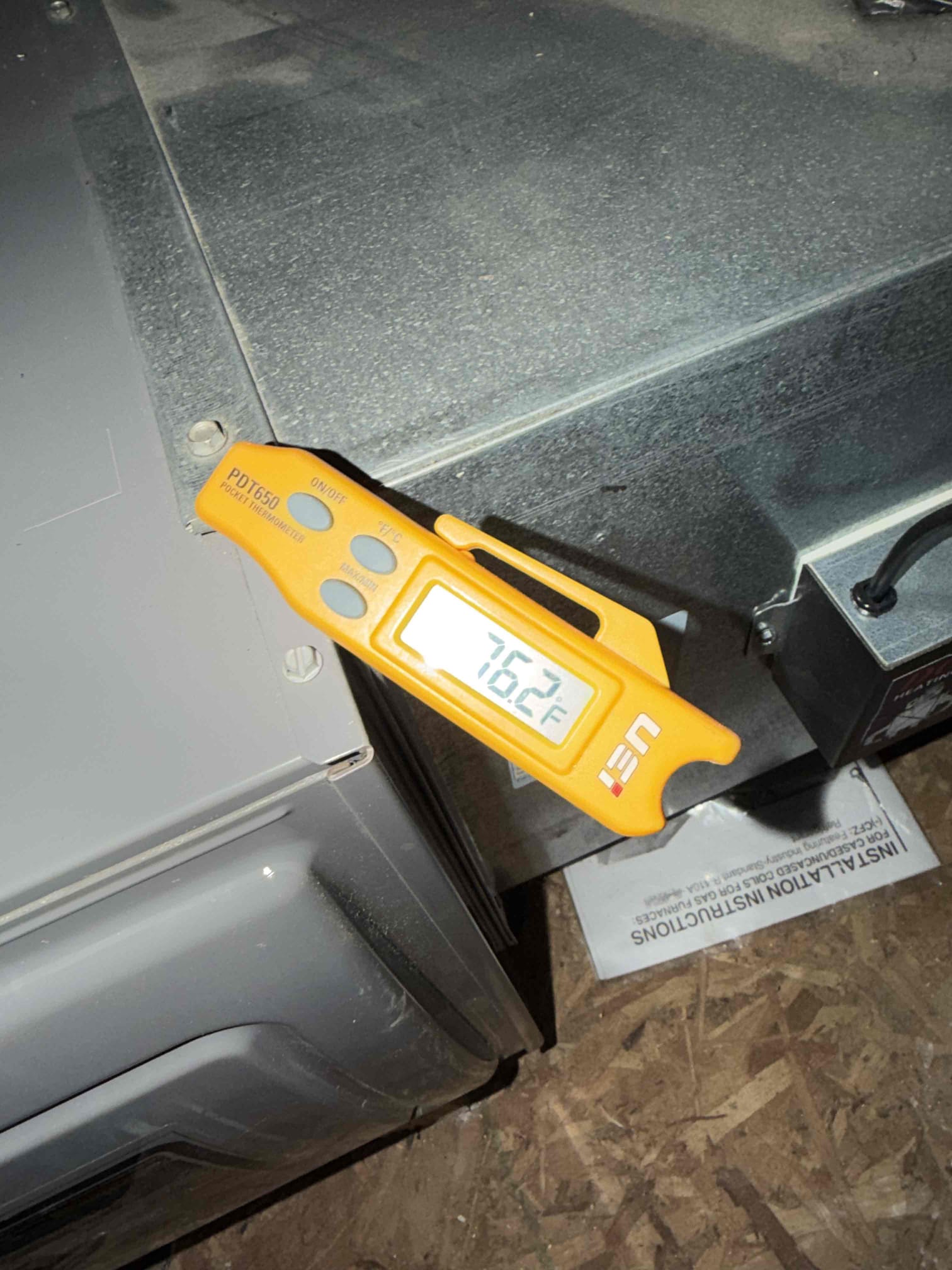 Upon arrival, the system was running and it was 74 in the home. Client stated that he removed the old air filter and that the system had been running since. Went up in the attic and observed the systems operation and measured heat rise and checked various other components system was checking out performance wise and thermostat was set to 75