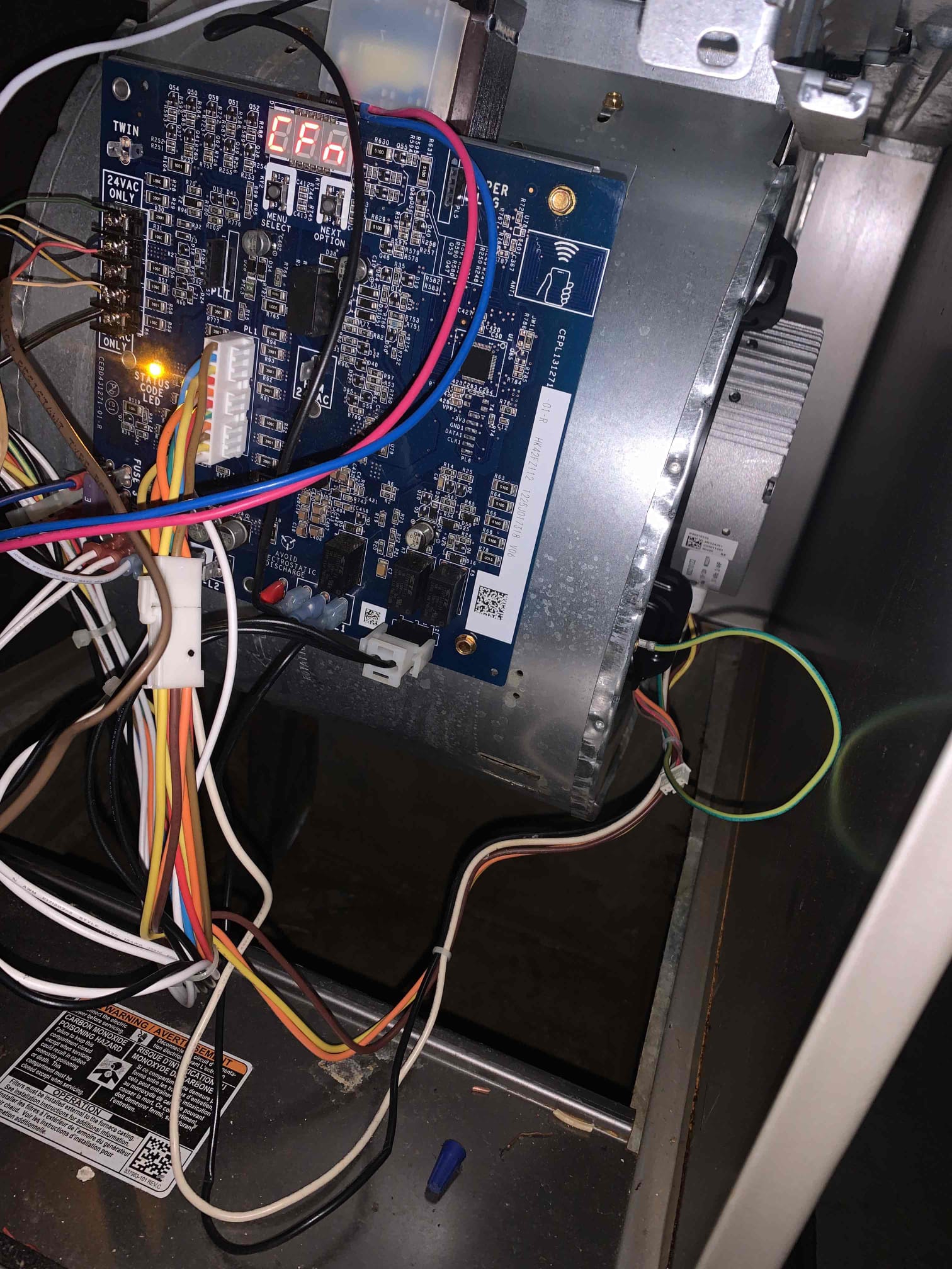 Unit not heating. System was tripped out on main limit fault. Found problem to be blower motor not running. Checked voltage had 120 going to blower. Had 5 amps going to blower on low voltage. Put in parts order form for new blower motor and circuit board. Customer also has no spot for filter on unit. Says old system had a spot but after we installed new furnace there isn’t one. 