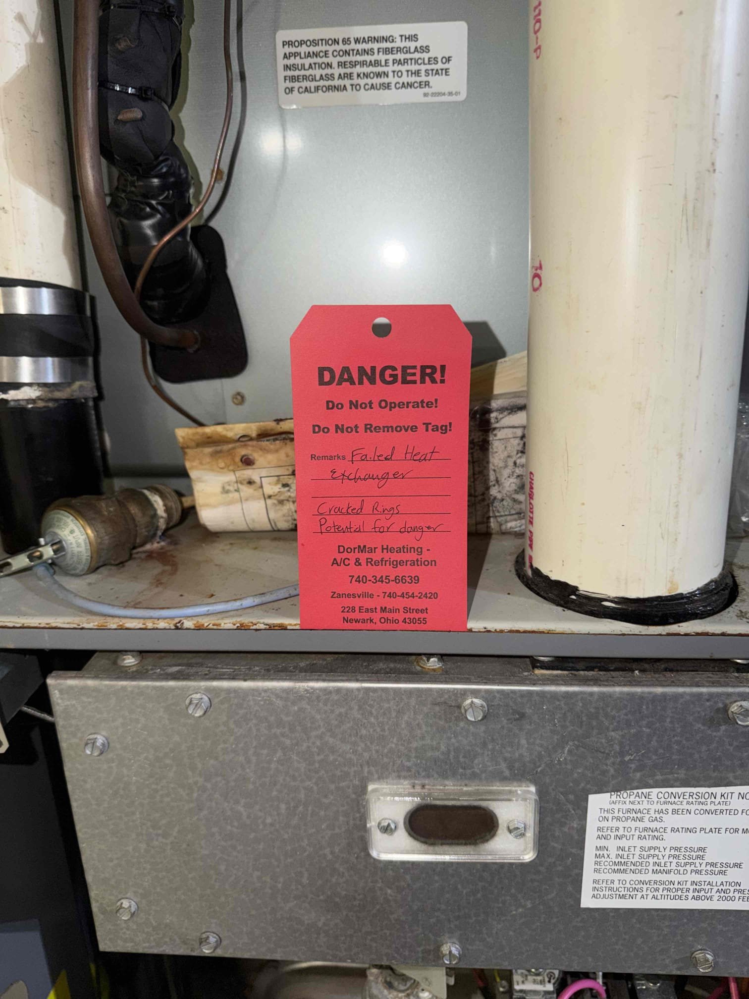 Completed a service call, system had a failed heat exchanger and was unsafe to operate. System was red tagged until decision can be made about what to do with furnace. Customer has an insurance agency which he is going to see if they will offer any coverage before making a decision.
