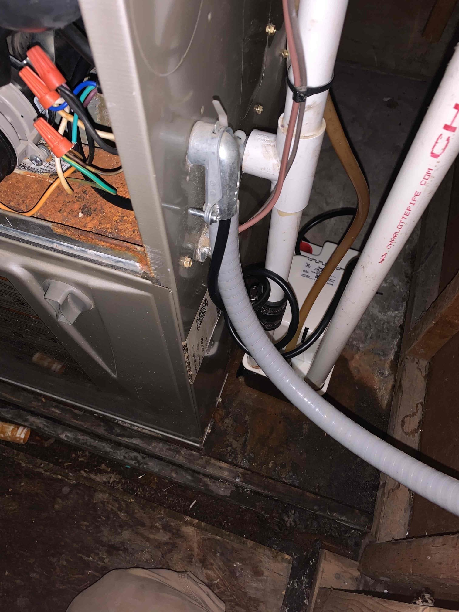 Customer had leaking water coming from furnace. Found condensation pump full of water and overflowing. Replaced condensation pump. Tested new pump to make sure hose wasn’t clogged. After replacing pump everything operates as should. 