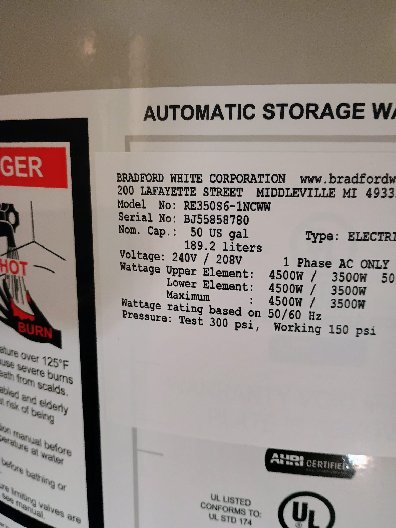Replaced Bradford white electric 50 gallon water heater under warranty.