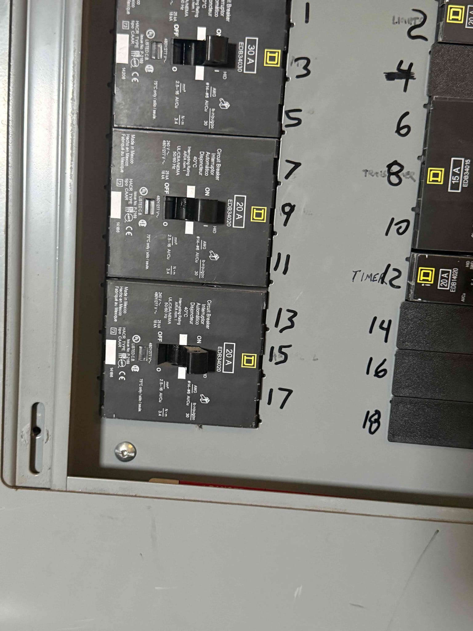 During the recent service, we identified that two 30 amp electric heaters were operating on 20 amp breakers, which is unsafe. Additionally, lights were connected to these breakers as well. To rectify this, we installed two new 35 amp breakers, ensuring the system can safely handle the heaters' load. Although Melisha is uncertain about proceeding with the repair now, we are working with the electrical supplier to obtain pricing for the necessary breakers. Aiden is assisting in this process.