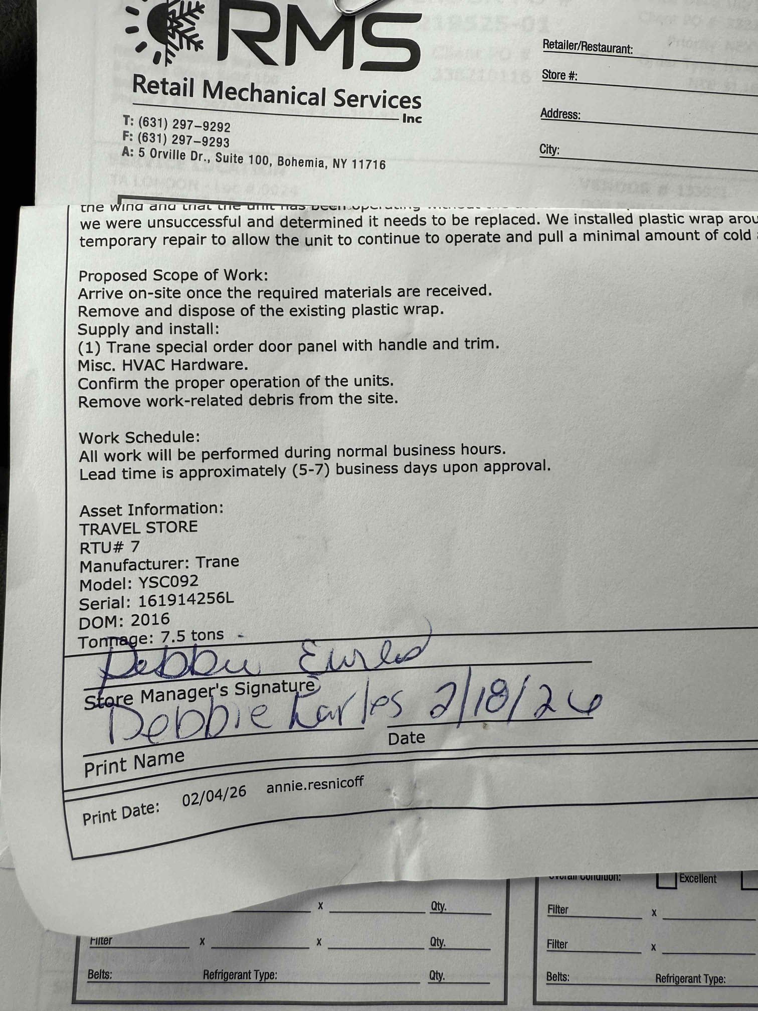This is an estimate for the replacement of the filter access door. Upon inspection, the current door was found to be damaged and no longer functioning properly. The replacement door is expected to arrive in 2-3 days. Once it arrives, I will promptly install it, ensuring that it is securely attached and functions as intended. The job involves removing the old door, preparing the area, and fitting the new door to maintain optimal air quality and system efficiency. If you approve the estimate, I will schedule the installation at your earliest convenience. Thank you for your attention to this matter.