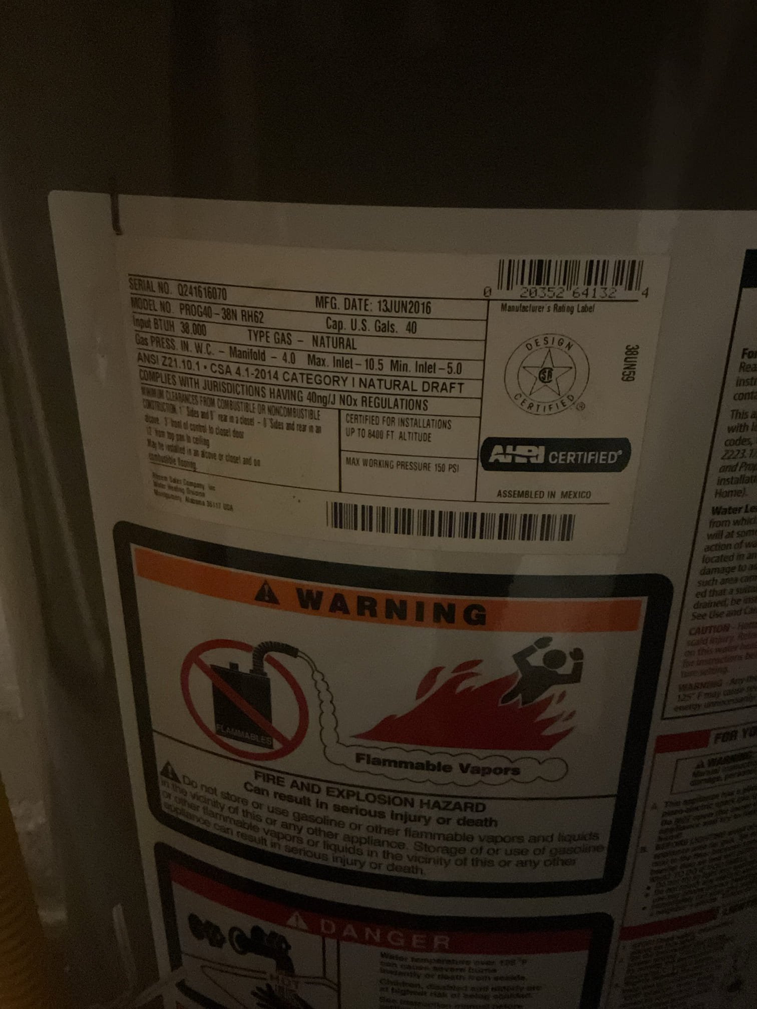 We were called to provide a plumbing estimate for a water heater issue. Upon inspection, it was found that the installed water heater was the wrong size, and the venting was incorrect. The water heater, standing at approximately 58 inches tall, required a shorter vent to be run properly. We assessed the situation and provided an estimate for a 40-gallon short water heater, ensuring it meets the client's needs and complies with safety standards.