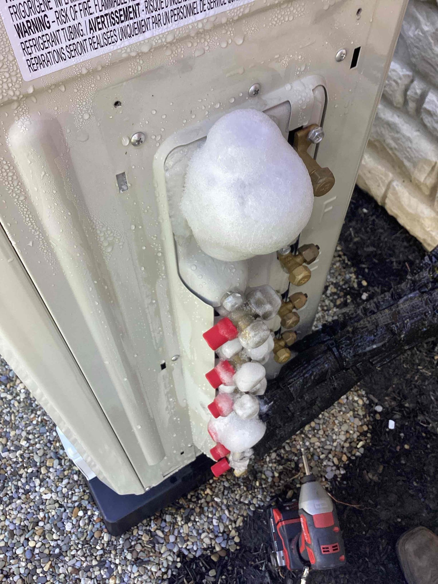 New Albany, OH - Upon arrival, I identified that the system was completely frozen, preventing any immediate inspection. To address this, I safely pulled the outdoor disconnect to halt the system's operation and allow the components to thaw. I took detailed photographs of the frozen parts, which appear to be the electronic expansion valve (EEV). I also recorded the unit's serial numbers for reference. Once the system thawed, I will conduct a thorough inspection to determine the root cause of the freezing and implement the necessary repairs.