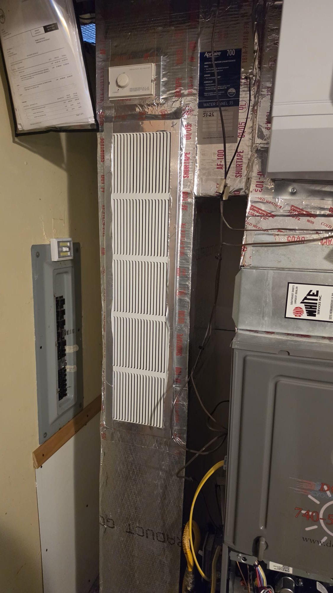 Millersport, OH - I addressed several issues with the condensate drains, ensuring they were properly separated to prevent high static pressures. This resolved the gurgling noise in the bedroom and stopped water from being forced back into the furnace. The PVC T joint leaking off the furnace was fixed, and all joints were securely glued. A parts kit was used to complete the repairs. The humidifier was realigned to ensure it was level, and I discussed the possibility of upgrading to a new humidistat with the homeowner. Additionally, I sealed the line set at the wall penetration to prevent any leaks.