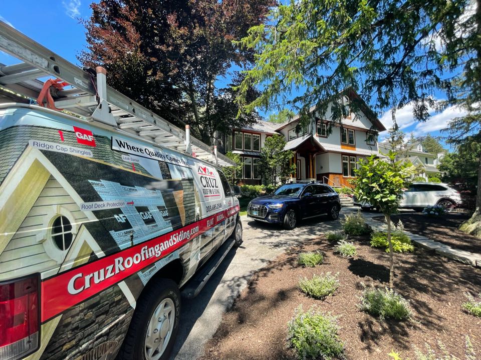 Greenwich, CT - Roof replacement, we will be installing a GAF designer shingle. In color antique slate. Greenwich, CT - Roof replacement, we will be installing a GAF designer shingle. In color antique slate.
