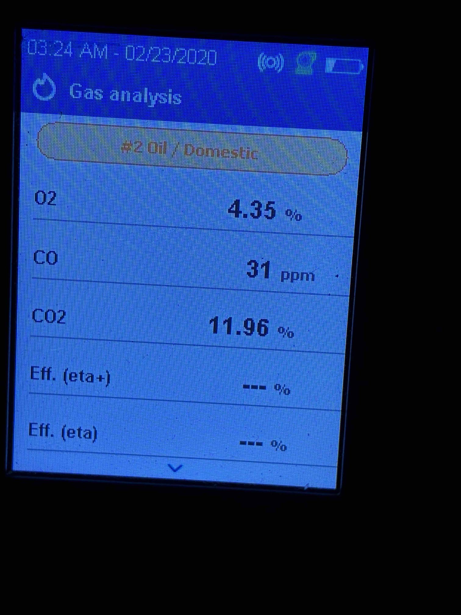 I completed the oil boiler maintenance today. I replaced the oil filter, the pump strainer and the nozzle. I pulled the flue pipe off and remove the top to access the heat exchanger to be able to clean it. Lastly, I performed a combustion analyzer test to check for CO, CO2 and oxygen levels and everything was running great! The boiler had a bunch of the accessories replaced a few years ago and everything still looked new. I completed the oil boiler maintenance today. I replaced the oil filter, the pump strainer and the nozzle. I pulled the flue pipe off and remove the top to access the heat exchanger to be able to clean it. Lastly, I performed a combustion analyzer test to check for CO, CO2 and oxygen levels and everything was running great! The boiler had a bunch of the accessories replaced a few years ago and everything still looked new.