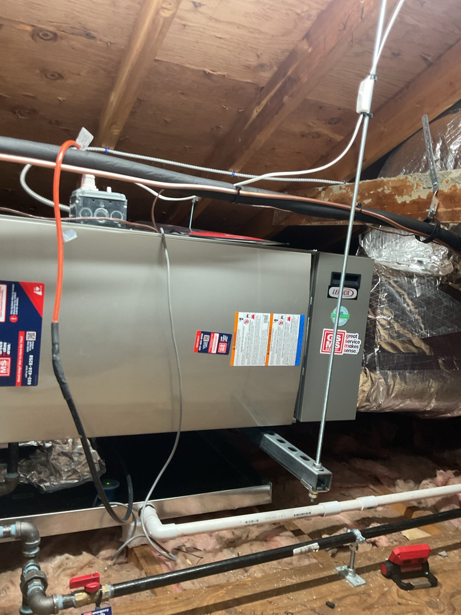 Installation of a high-efficiency heating and cooling system to provide the home with reliable and comfortable air. The equipment and ductwork will be installed in the attic space.

The gas-fired furnace and central air unit will be installed horizontally and will feature our "Ceiling Saver Kit." This kit includes a secondary drain pan and an overflow sensor designed to protect your ceilings from any potential water damage caused by condensation overflow.

New ductwork will be installed with a central return in the hallway and dedicated supply ducts throughout the space to provide even airflow coverage. A dedicated supply duct will be installed to drop from the attic, through the first-floor coat closet, and into the basement office space, where it will connect to a new wall register to provide conditioned air.

The new gas line will be routed from the proposed propane tank location up to the furnace in the attic. Furnace venting will penetrate through the roof. The A/C condensing unit