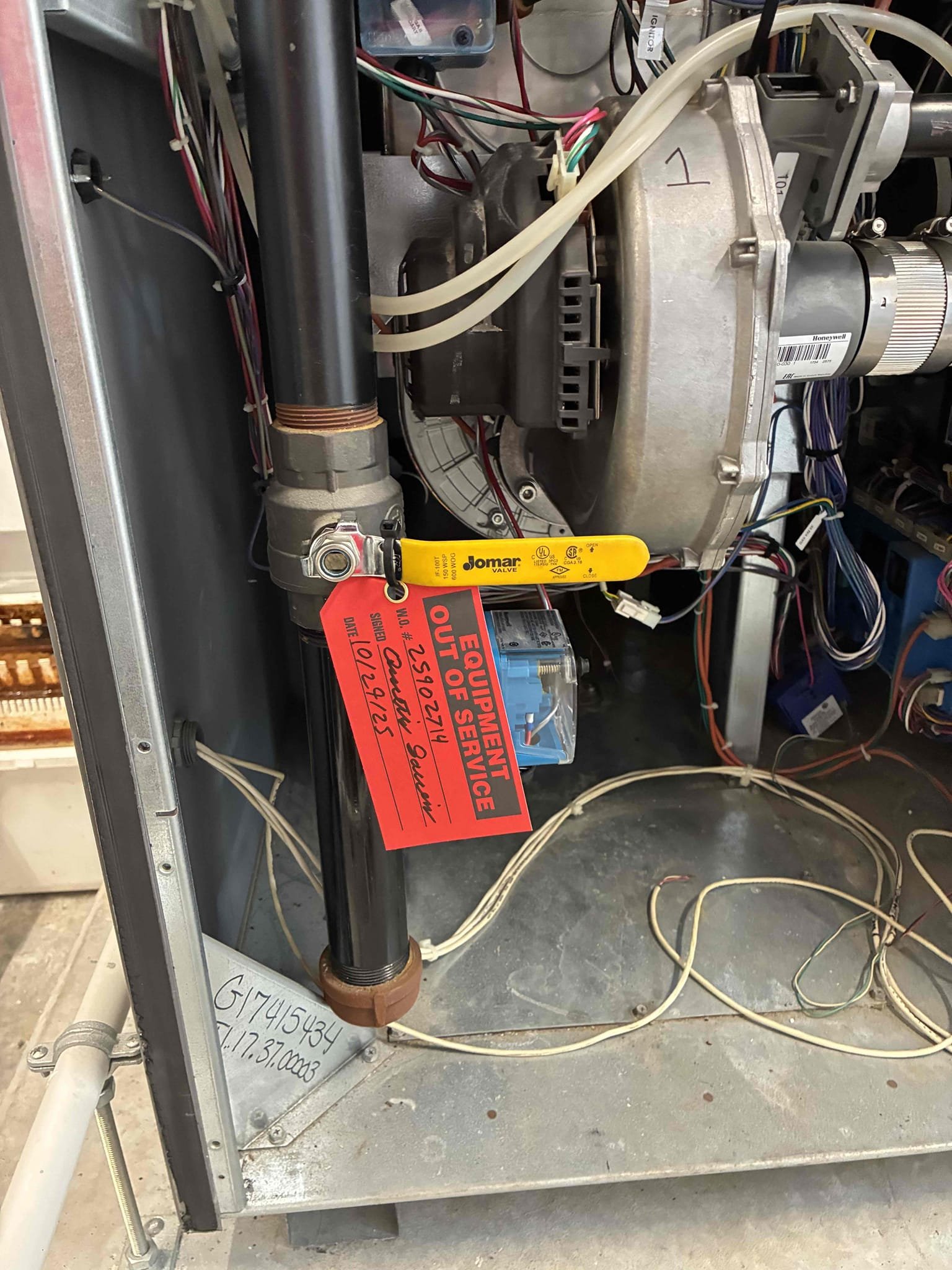 Flame sensor wire broke. Bolt snapped that connects inducer to the gas pipe. Need to order a new flame sensor cable and get a new bolt. Locked out and tagged out the boiler until those parts get replaced.