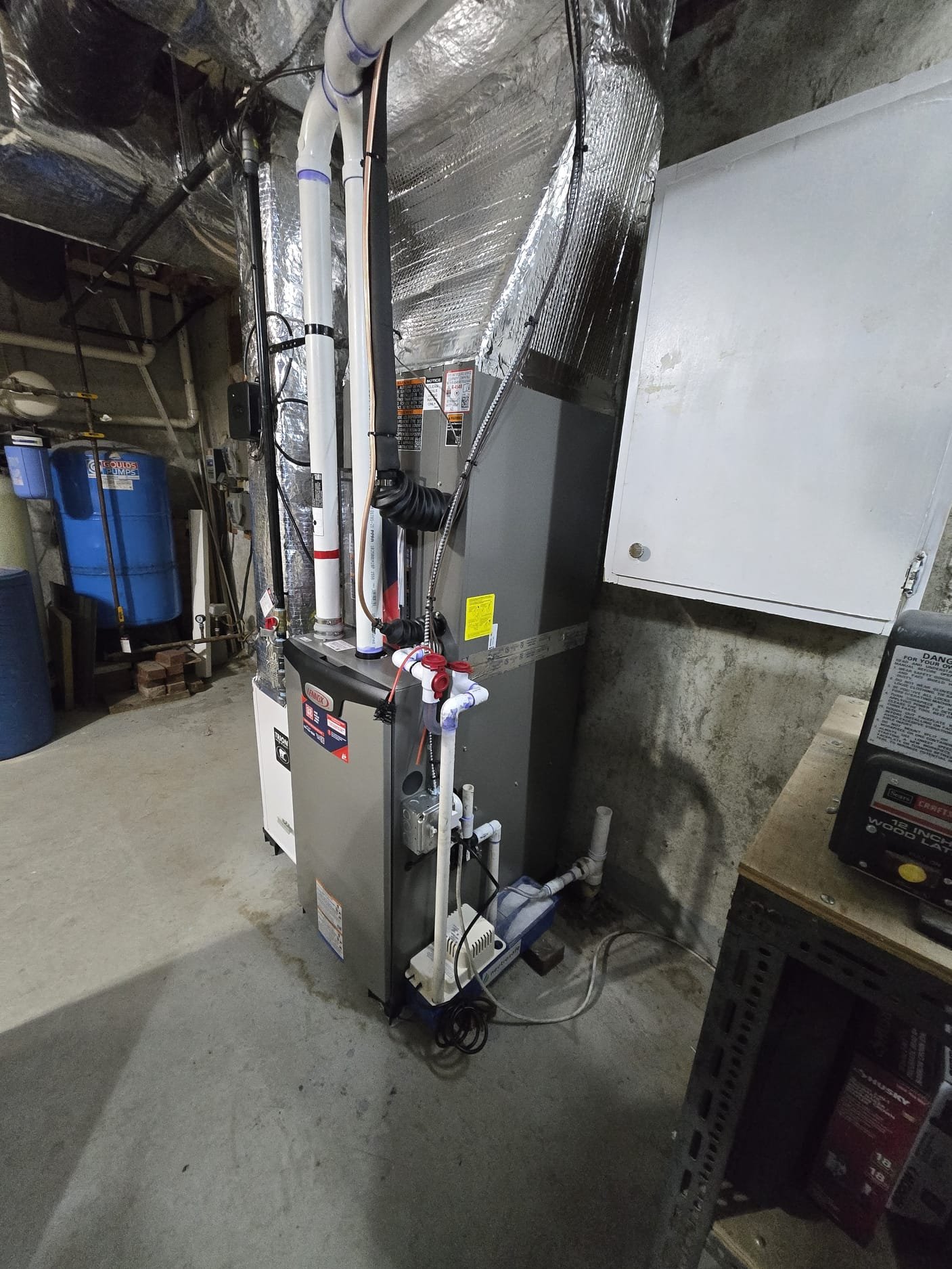 Replacement of the existing gas furnace and central air unit with a new high-efficiency variable-speed system.

A new furnace will be installed with new 2" venting for fresh air and exhaust. The existing CSST gas line will be replaced with black iron piping running from the gas regulator to the new furnace. The return drop will be modified to allow for the installation of our AirBear filtration unit, and all other connections will be remade.

The new A/C unit will be placed in the same location, installed on a new gravel footing and a composite unit pad, with a new disconnect and updated electrical connections. The entire system operation will be controlled by a new Lennox S40 smart thermostat.