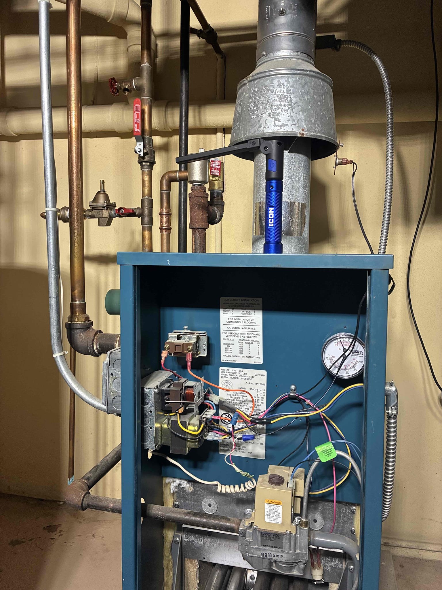 I completed the gas boiler maintenance today. I found that all three high vents were leaking. The temperature and pressure gauge failed. The fill valve and backflow preventer failed. The boiler relief valve was leaking. I replaced all those parts. For the maintenance I pulled the burner tubes and I cleaned them. I checked all the wiring connections and that all looked good. I checked incoming and outgoing gas pressures and those were according to manufacturer specifications. Lastly, I performed a combustion analyzer test that checks the CO, CO2 and oxygen levels and the boiler was running great. Both zones were coming back hot as well. I didn’t get to complete the other boiler maintenance for upstairs, but by the looks of it the expansion tank has failed. The relief valve has been dripping a little bit and the high vents might need to be replaced. 