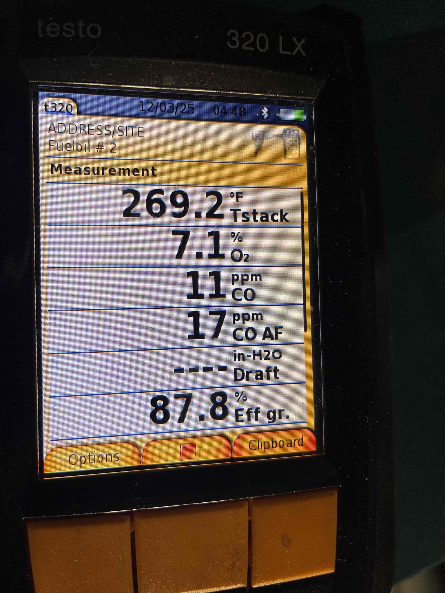 I completed the steam oil boiler maintenance today. I replaced both of the oil filters and the pump strainer. I pulled the cleanout off of the boiler and brushed and vacuumed out the heat exchanger. I cleaned the screen on the auto fill valve. I started up the unit and performed a smoke test and there was zero smoke. I performed a combustion analyzer test that checks the CO, CO2 and oxygen levels and the boiler was running great. We have to come back out to complete the other oil boiler maintenance, the furnace maintenance and replace the oil nozzle on the steam boiler with a 1.25x60B nozzle.