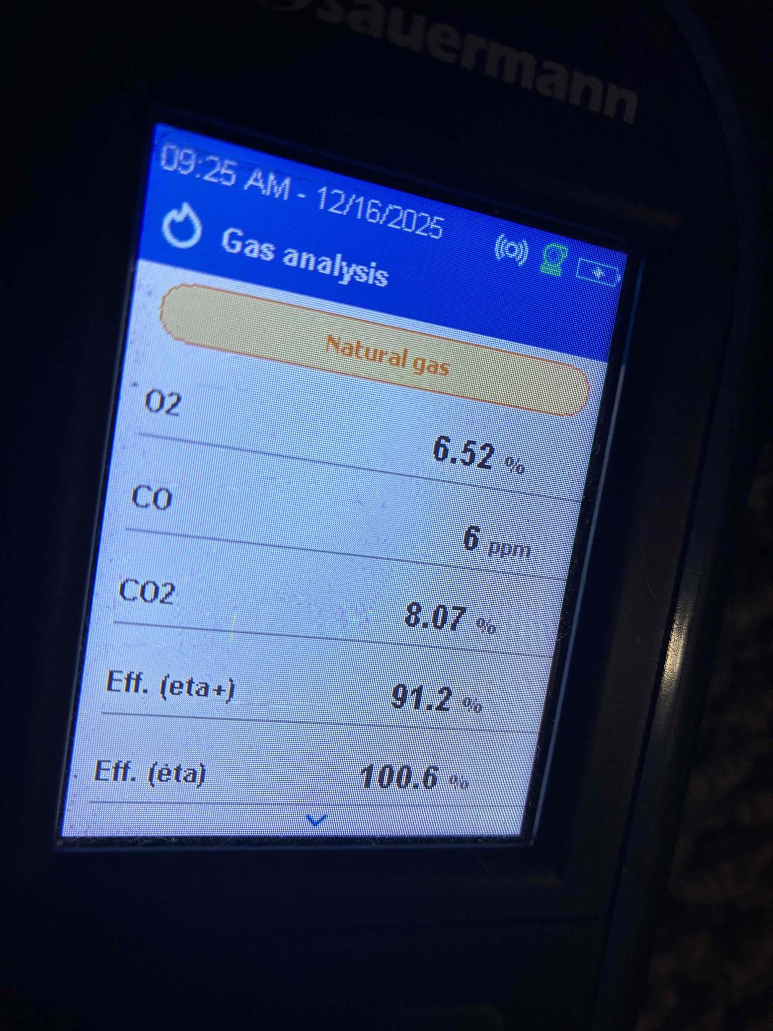Completed the gas furnace maintenance today. The tenant said that the heat wasn’t working, but upon arrival the heat was on. Jeff found that the air filter was extremely dirty. We replaced it with a new filter that was there. In the furnace, I started off with checking all the wiring connections and everything looked good. I pulled and cleaned the flame sensor. I noticed that some point water had been leaking inside of the unit, but there was no active leaks just stains. I checked incoming and outgoing gas pressures and those were according to manufacture specifications. I performed a combustion analyzer test that tests the units CO, CO2 and oxygen levels and furnace was running great. 