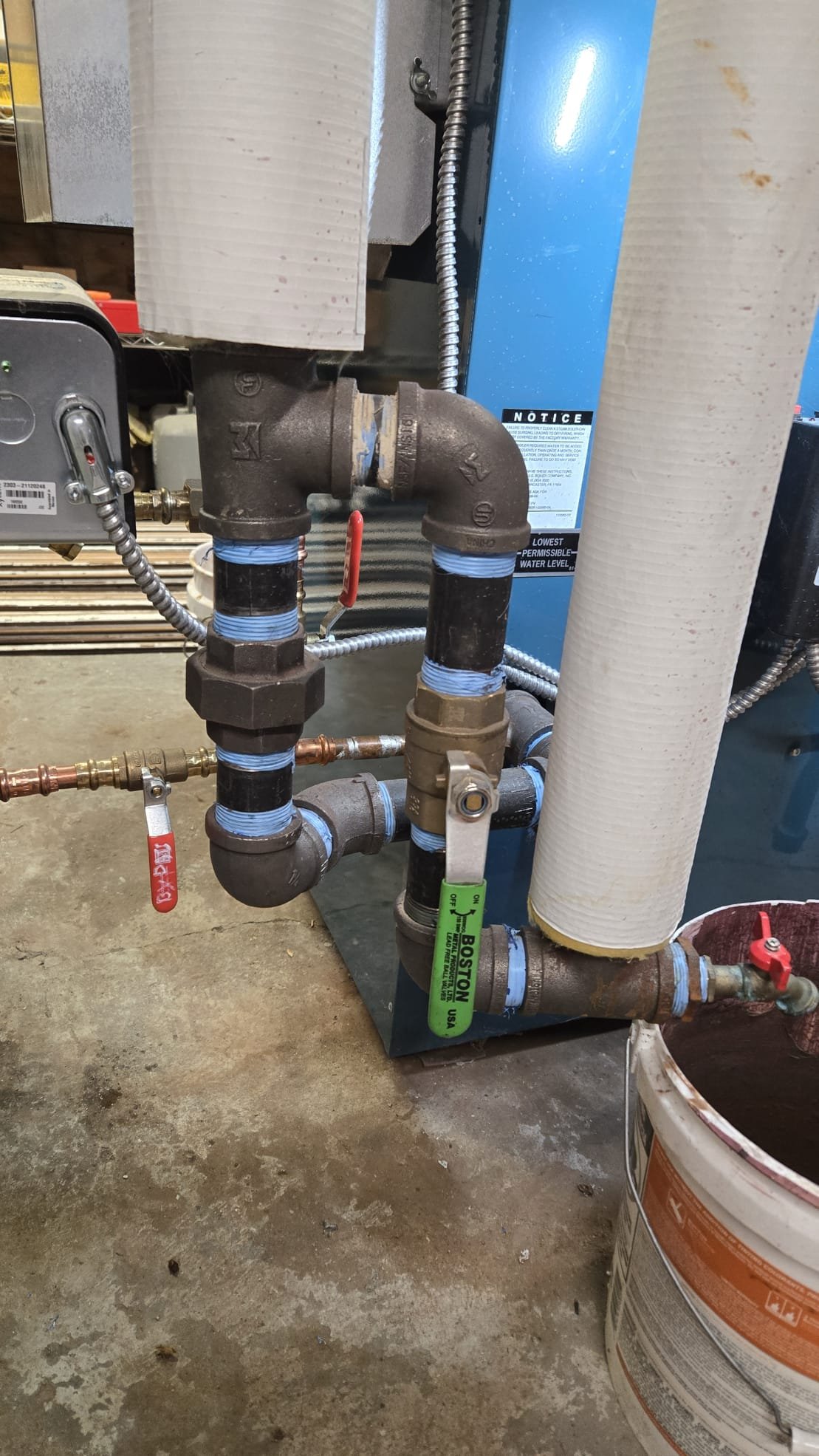 Removed jacket and burner found leaks in 3 section.Installed stop leak.If you install new boiler we will credit invoice.No charge for today