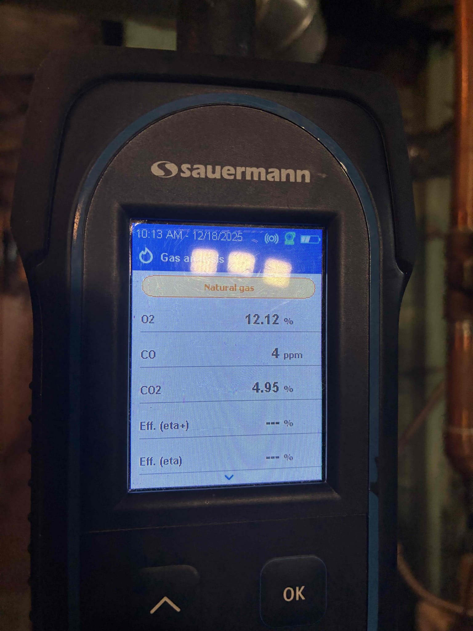 Completed the gas boiler maintenance today. I started off with checking all the electrical connections and everything looked good. I pulled the burner tubes out and I cleaned them. I vacuumed out the boiler and the boiler tube tray. I cleaned the thermocouple. Checked incoming and outgoing gas pressures and everything was according to manufacturer specifications. I performed a combustion analyzer test that checks the units CO, CO2 and oxygen levels and the boiler was running great. I noticed that the vent pipe wasn’t screwed onto the collar of the boiler so I added three sheet metal screws to it. I found both high vents have been leaking. I found that the pressure relief valve is leaking.