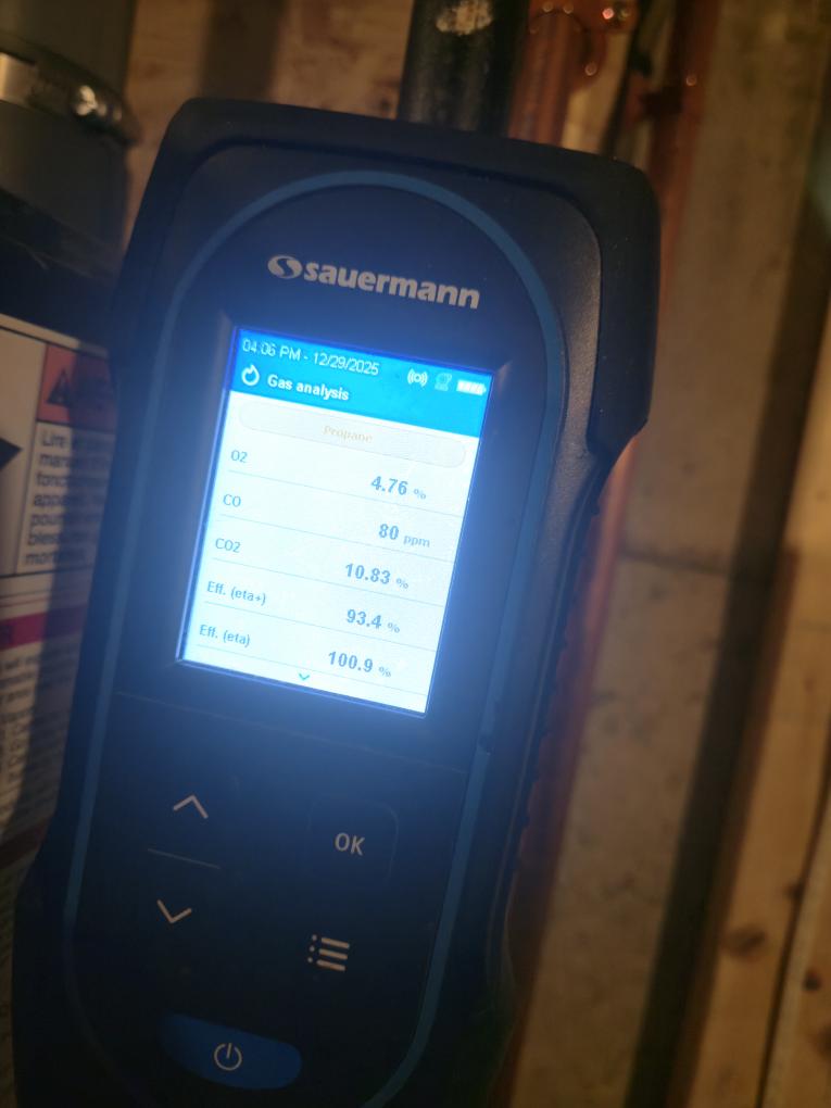 I found that the boiler was off on a error code because the condensate trap was clogged. It was completely filled with calcium deposits. I pulled the trap apart and I rinsed it out with hot water and soap. I put it all back together and tested operation and everything was working as it should. I found that a connection to the circulator pump inside of the boiler was slightly leaking. I found that the neutralizer beads were caked up with calcium deposits as well and found that the high vent was leaking. The heat exchanger was also pretty dirty inside so I will send over an estimate for those repairs and cleaning of the heat exchanger.