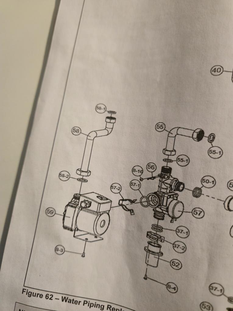 I found that the boiler was off on a error code because the condensate trap was clogged. It was completely filled with calcium deposits. I pulled the trap apart and I rinsed it out with hot water and soap. I put it all back together and tested operation and everything was working as it should. I found that a connection to the circulator pump inside of the boiler was slightly leaking. I found that the neutralizer beads were caked up with calcium deposits as well and found that the high vent was leaking. The heat exchanger was also pretty dirty inside so I will send over an estimate for those repairs and cleaning of the heat exchanger.
