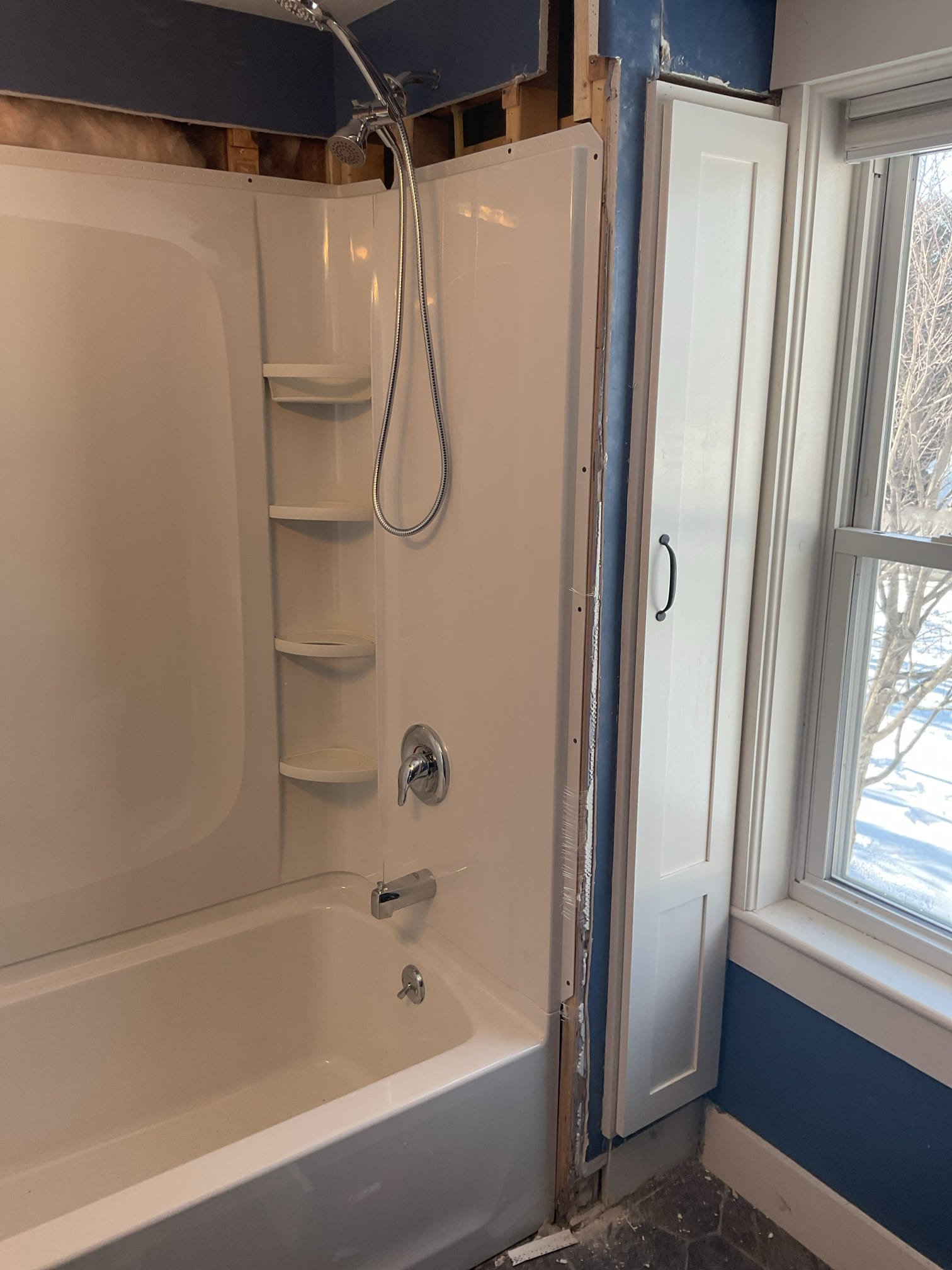 Replacement of the existing unit and installation of a new Sterling Ensemble tub & shower unit.

The new unit will be a right-hand drain configuration and will include a standard Moen Chateau polished chrome valve with a standard shower head and tub spout. For enhanced functionality, the shower arm will feature a Kohler Awaken transfer valve connected to a Kohler Awaken handheld shower with a 60" hose, all in matching polished chrome finish.

Note: The interior water height of the new tub is 11", with the top of the tub sitting at 16".

The existing waste and supply lines will be reconnected at the point-of-use. This installation includes all necessary plumbing materials and labor, but any carpentry finish work is explicitly not included.