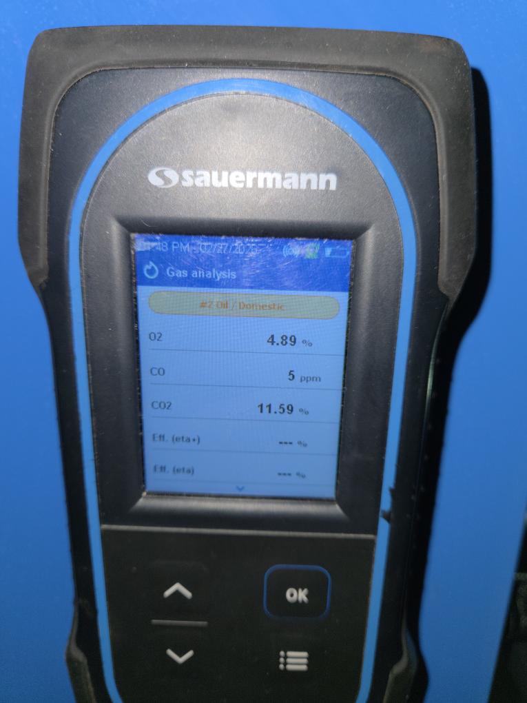 Completed the boiler maintenance today. I started off with checking all the wiring connections and everything looked good. Next I pulled the burner tubes and I cleaned them as well as the burner box. I also cleaned the igniter, it was dirty. The expansion tank is starting to fail and the hy-vent is leaking. We will send over an estimate to replace both of those. Next I checked incoming and outgoing gas pressure and everything was according to manufacture specifications. Lastly I ran the boiler and performed a combustion analyzer test that checks the units CO, CO2 and oxygen levels. The boiler was running great.
