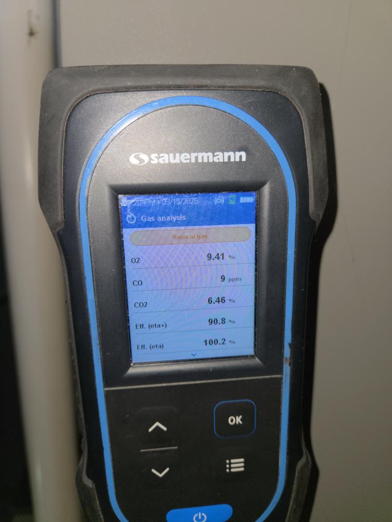 Completed the gas furnace maintenance today. I started off with checking all the wiring connections and everything looked good. I pulled and cleaned the flame sensor. I flushed the trap and condensate pump with cleaner. I vacuumed out the inside of the furnace and the filter box. The air filter looked very clean so I left it in. I checked incoming and outgoing gas pressures and those were according to manufacture specifications. Lastly I ran the unit in low and high fire and performed a combustion analyzer test. This checks the units CO, CO2 and oxygen levels. The furnace was running great!