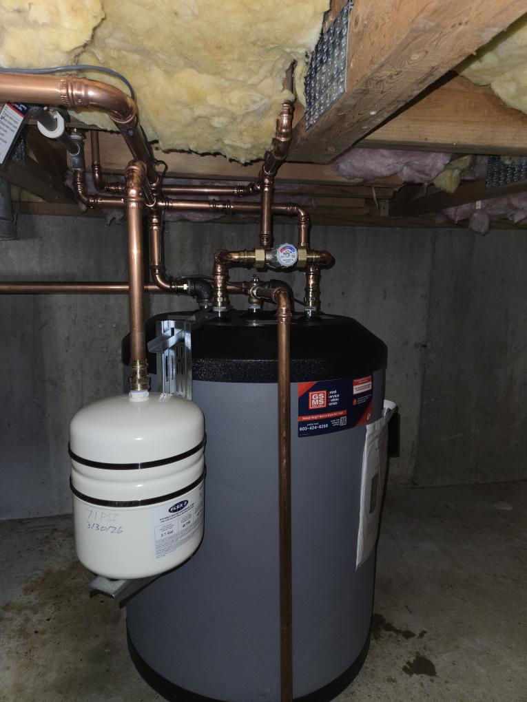 Replaced the failed indirect water tank. Checked for leaks and there was none. Replaced the domestic water expansion tank. Completed the maintenance on the boiler. I started off with checking all the wiring connections and everything looked good. Next I pulled the flame sensor and cleaned it. I vacuumed out the burners and the burner box. I checked incoming and outgoing gas pressure and those were accordance to manufacturer specifications. I inspected all the boiler accessories and the only thing that I found was that the high vent was leaking water. Lastly I ran the unit and performed a combustion analyzer test. This checks the unit CO, CO2 and oxygen levels. The boiler was running good. I bled the air from the hot and cold water lines before I left.