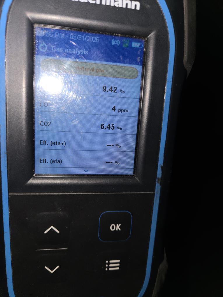 Completed the boiler maintenance today. I started off with checking the wiring connections and everything looked good. I vacuumed out the burner box and the burner tubes. I checked all the boiler accessories and everything looked good. The only thing I notice was that the circulator pump is leaking water from the flange so I will send over an estimate to replace that. I checked incoming and outgoing gas pressures and those were according to manufacturer specifications. Lastly I ran the boiler and performed a combustion analyzer test that checks the unit CO, CO2 and oxygen levels. The boiler was running good. The boiler is from 1975-1977.