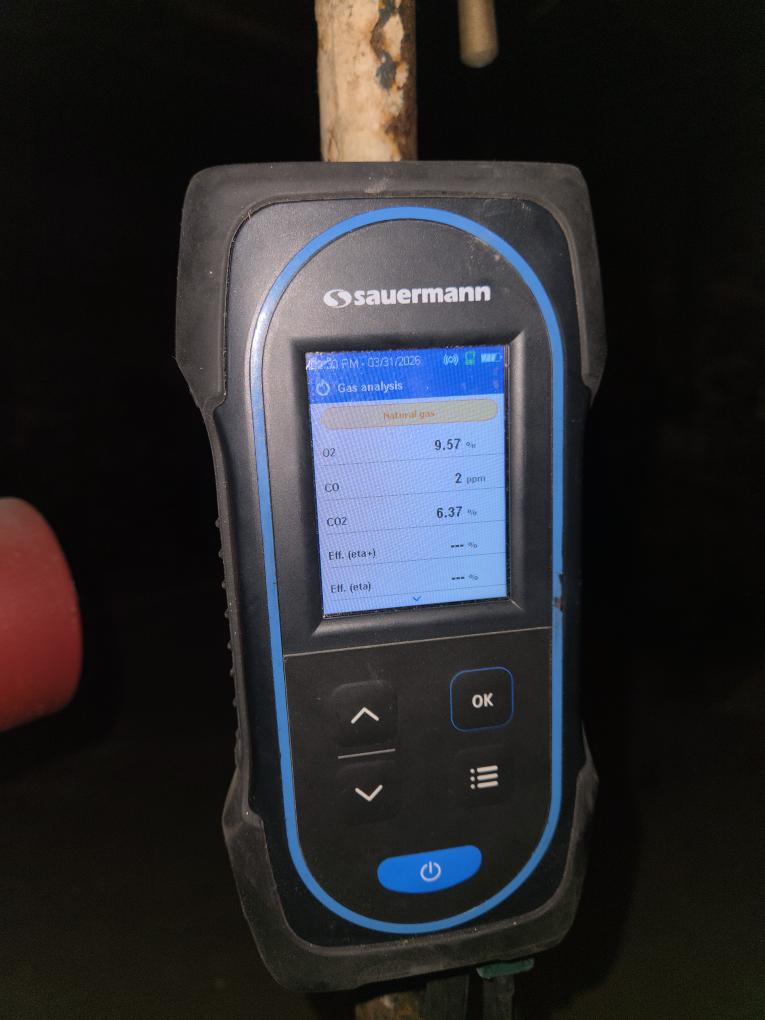 Completed the maintenance on the gas boiler. Started off with checking electrical connections and everything looked good. I vacuumed out the burner box and the burner tubes. I checked all the boiler accessories and I found that the pressure relief valve was leaking and the high vent was leaking water. I checked incoming and outgoing gas pressures and those were according to manufacturer specifications. Lastly I ran the boiler and performed a combustion analyzer test. This checks the unit CO, CO2 and oxygen levels. The boiler was running good. I will send over an estimate for those repairs. This unit is from 1978.