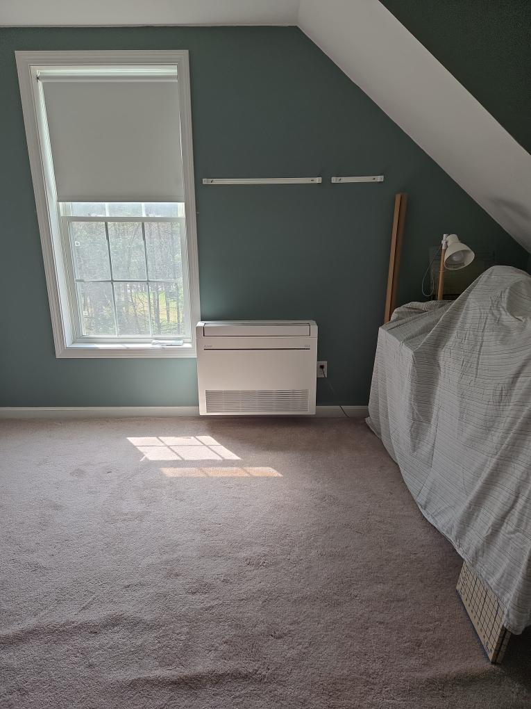 This is our highly recommended design utilizing premium Mitsubishi equipment. It utilizes the exact same second-floor layout and standard heat pump capabilities as Design 1, but upgrades the third-floor unit to a low-profile Floor-Mounted Console. Given the specific dimensions and ceiling angles of your third floor, this option provides the absolute cleanest aesthetic and optimal airflow.

Scope of Work

1. Indoor Equipment (Third Floor - Floor Mount)

Third Floor Space: Install one (1) Mitsubishi Floor-Mounted ductless console.

Layout Adjustment: As we discussed during our consultation, utilizing this floor-mounted unit will require a minor rearrangement of the craft table furniture, but it guarantees the most unobtrusive and visually pleasing installation for this unique space. The exterior lines will drop down to meet the second-floor lines in a "T" and run horizontally along the roofline.

2. Indoor Equipment (Second Floor)

Back Guest Bedroom: Install one (1) Mitsubishi wall-moun